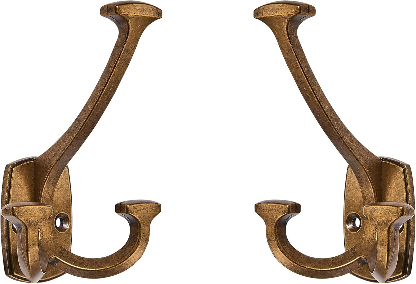 Large Wall Double-Sided Hook 2 Pack Antique Brass Hook Decorative Heavy Duty Solid Large Coat Hooks for Towel Hanging Coats Robe Towel Bags Door Back 2 Prong Hooks