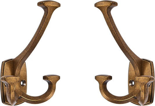 Large Wall Double-Sided Hook 2 Pack Antique Brass Hook Decorative Heavy Duty Solid Large Coat Hooks for Towel Hanging Coats Robe Towel Bags Door Back 2 Prong Hooks