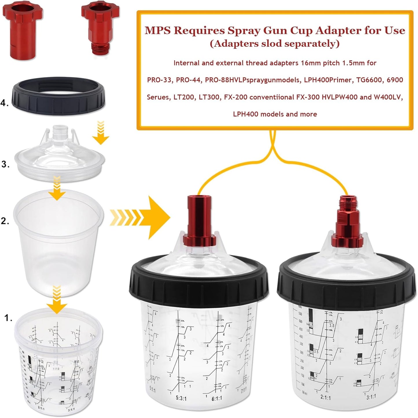 Disposable Paint Cup 20 Ounce (600 ml) Kit - 20 Paint Mixing Cups Liner, 20 Filter Lids, 2 Spray Gun Adapters, 5 Sealing Plugs, 1 Hard Cup，1 Sealing Ring, 1 Stirrer, for Car & DIY Painting