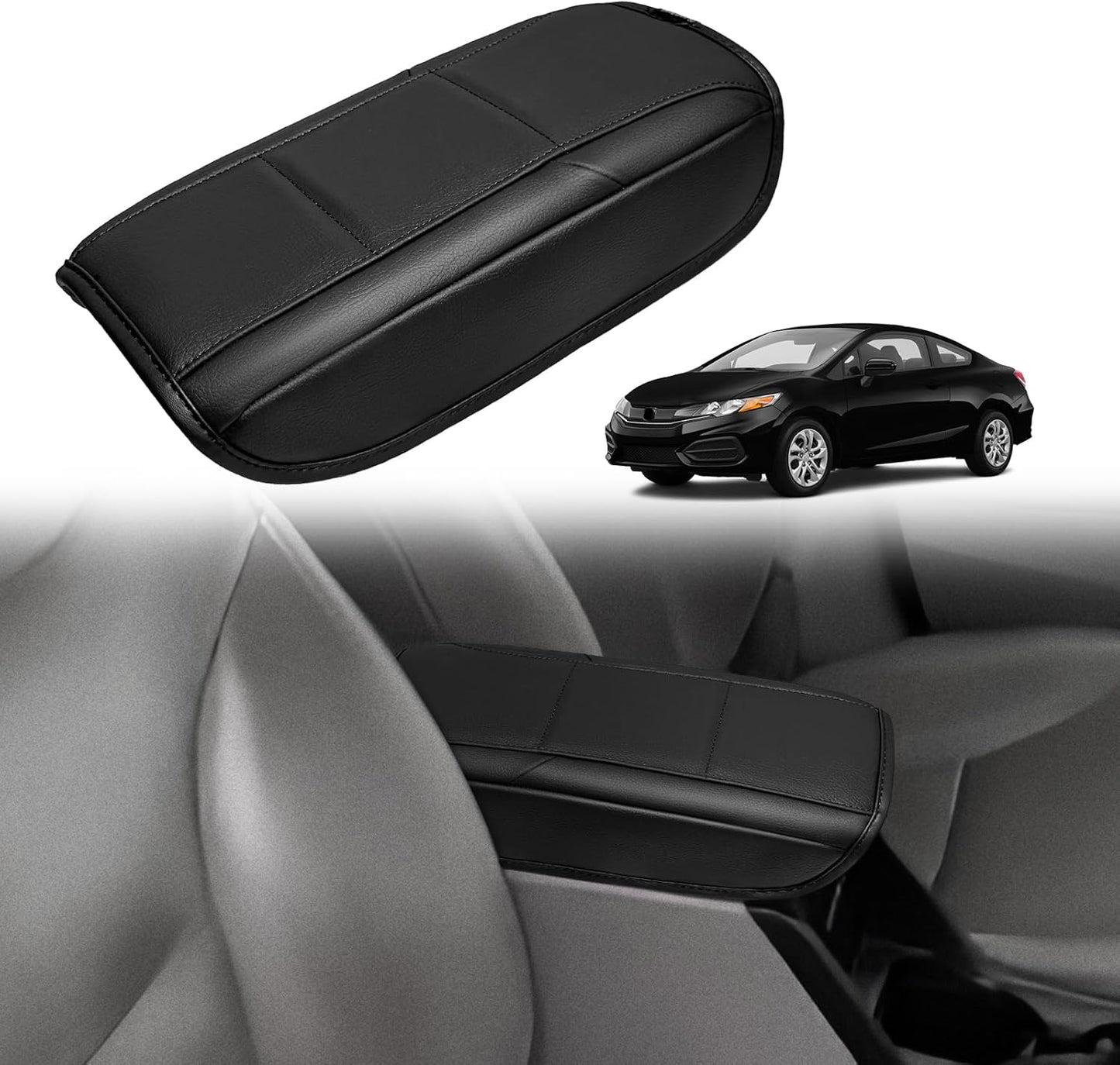 Muslogy Center Console Armrest Cover Compatible with Honda 2012-2015 Civic Accessories Comfort Armrest Pad Arm Rest Cushion Vegan Leather Protector Black Regular Thick