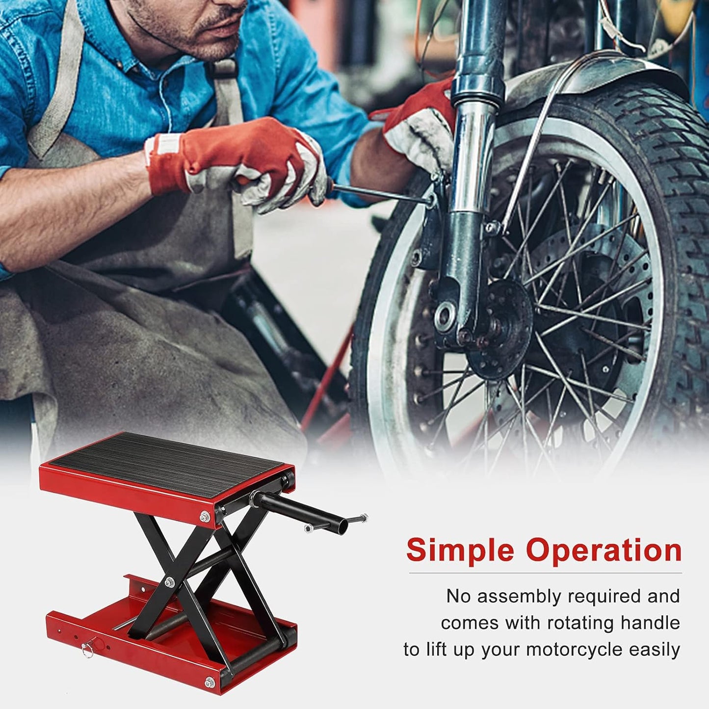 TUFFIOM 1100LBS Motorcycle Scissor Lift Jack，Height Adjustable with Rubber Top Surface & Safety Pin, Foldable Motorcycle Center Stand for Dirt Bike ATV, Red
