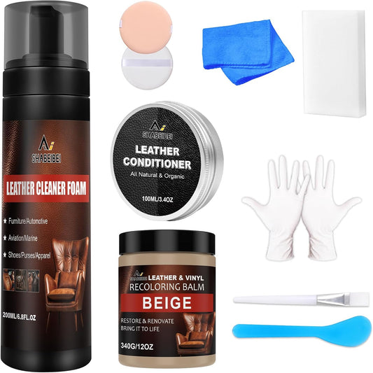 Leather Recoloring Balm Set,Leather Cleaner Restore Conditioner Mink Oil for Leather Repair Kit for Furniture Couches -Revives Repairs Scratches Leather Dye Furniture Polish (Beige)