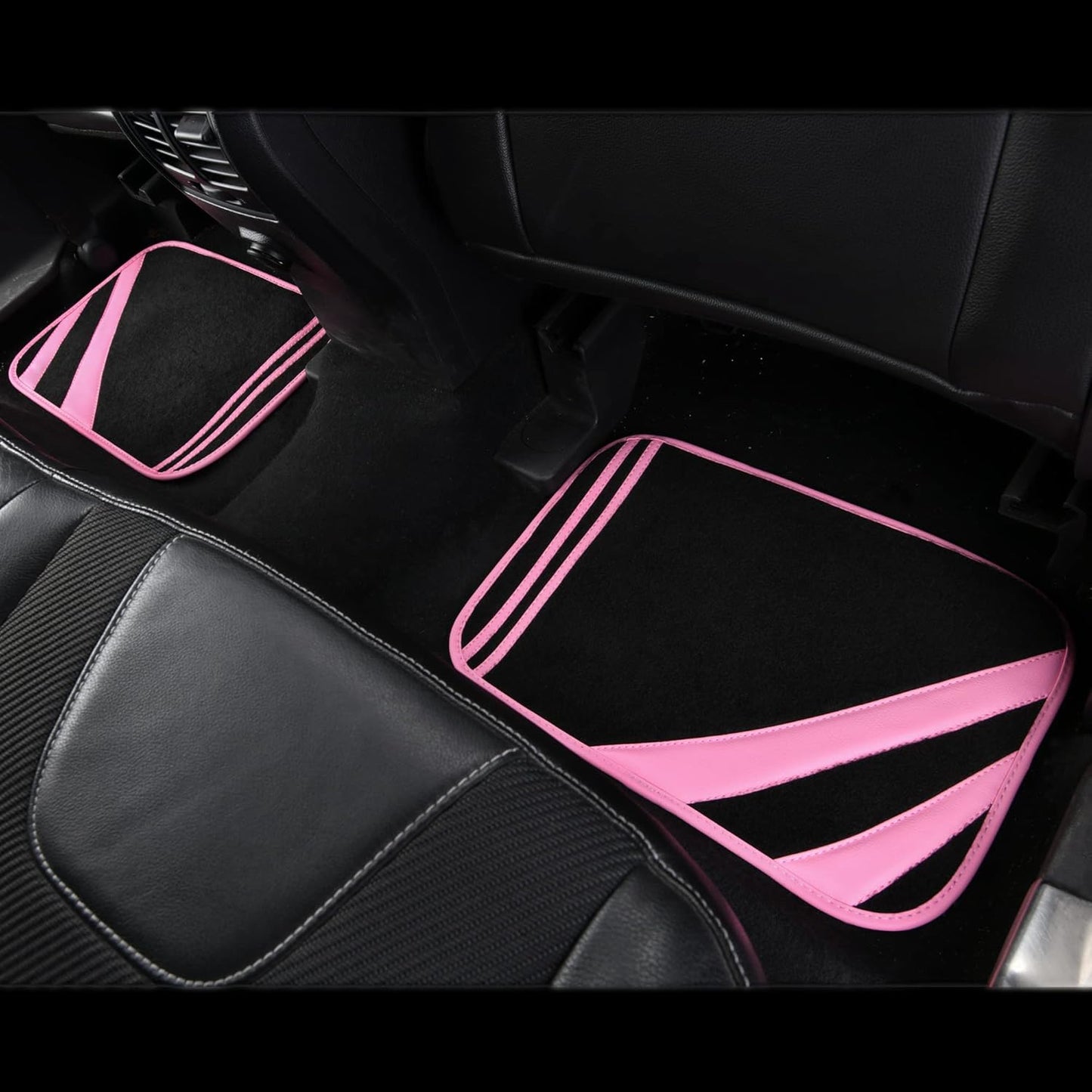 CAR PASS Pink Edge Faux Leather Car Floor Mats Universal Car Carpet Mats with Double Stitch Line Anti-Slip Backing Design, for Cute Girly Women, Fit 95% Automotive,SUVs,Sedan,Vans (Black and Pink)