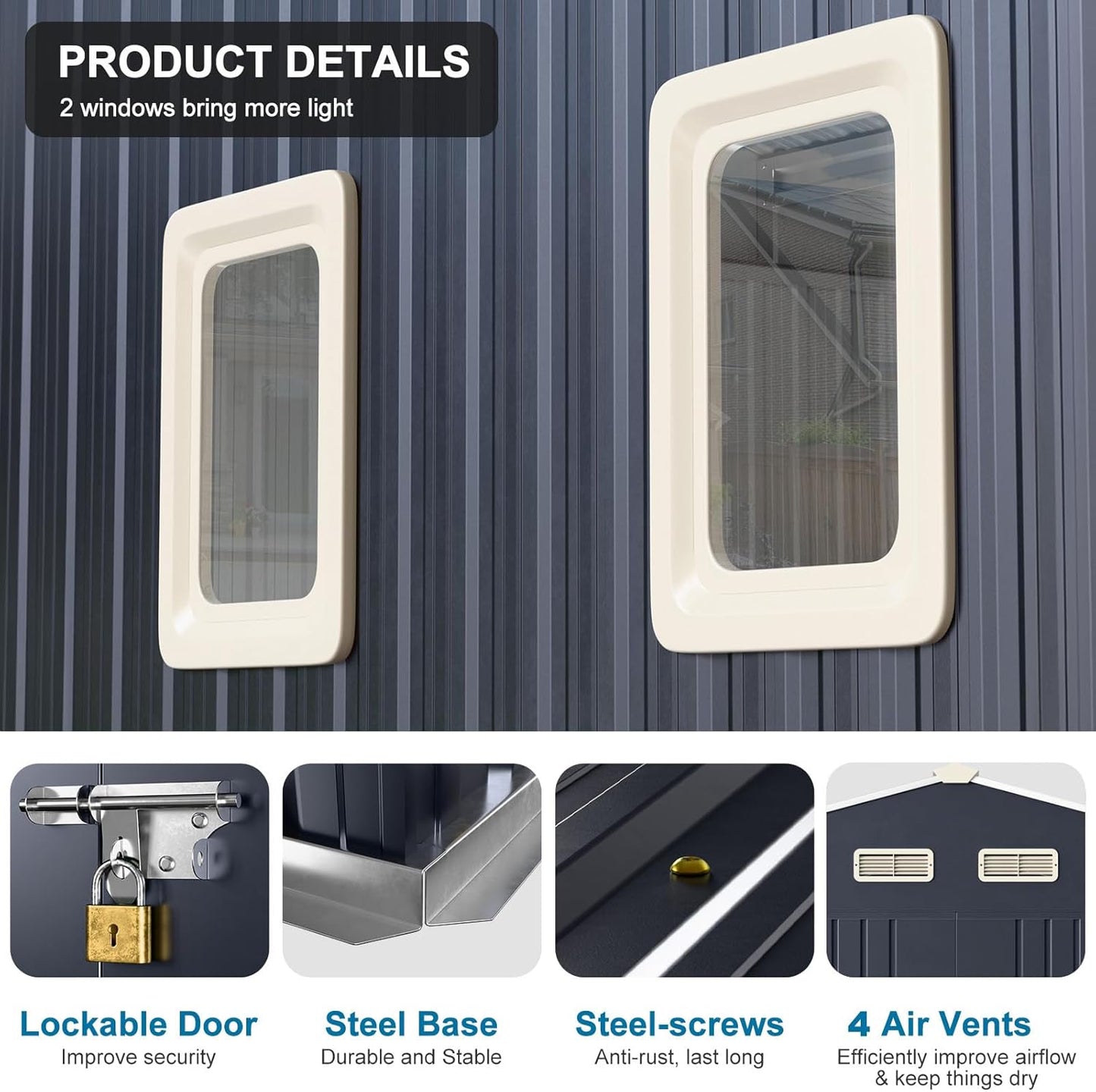 10x10 FT Metal Shed Large Waterproof Outdoor Tools Storage with Clear Roof Windows Air Vent Door for Outside Garden Patio Lawn Backyard to Store Bikes,Lawnmower,Garage,Dark Grey