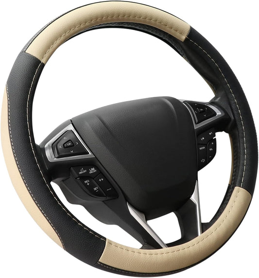 SEG Direct Car Steering Wheel Cover Universal Standard Size 14.5-15 inch, Black and Beige Microfiber Leather