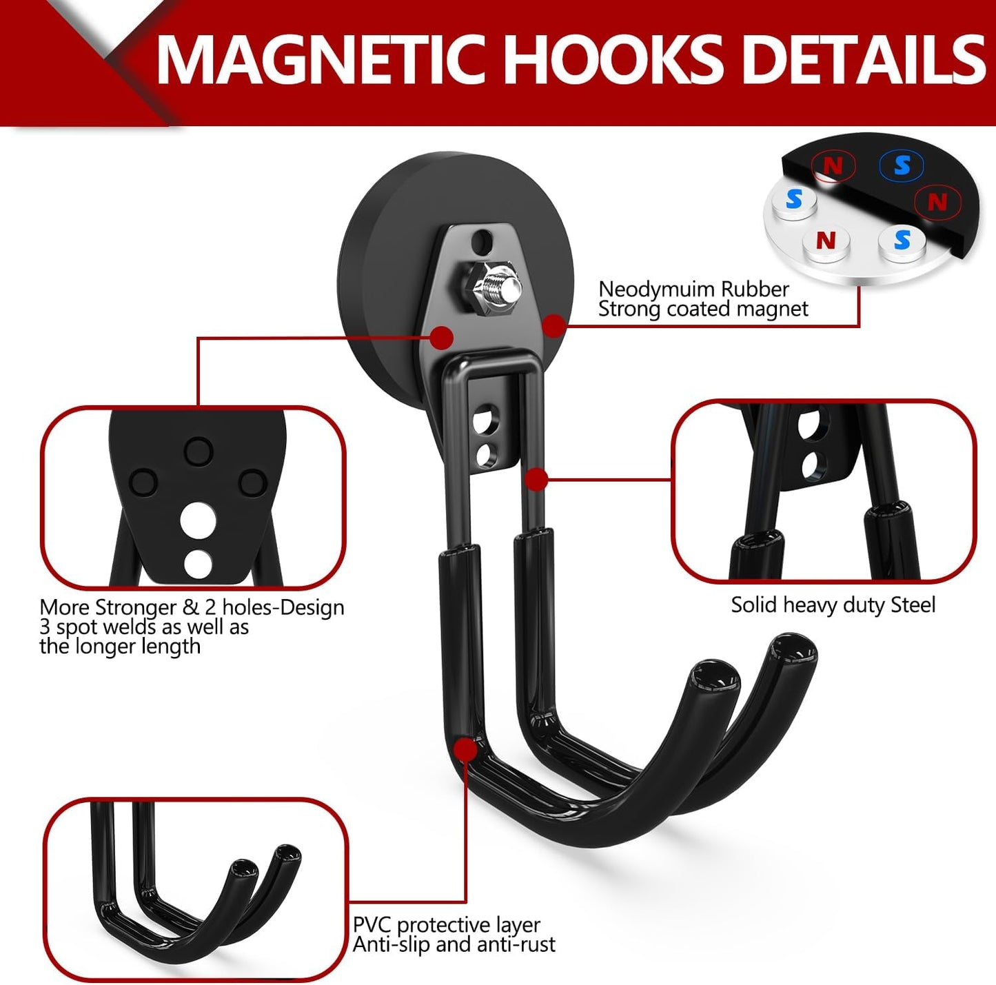 3-H Heavy Duty Magnet Garage Hooks 2 Pack, J Shape Strong Magnetic Hooks for Hanging Cordless Power Drill, Utility Magnetic Tool Holder for Metal Cabinet, Steel Pegboard, Toolbox, Garage(Black)