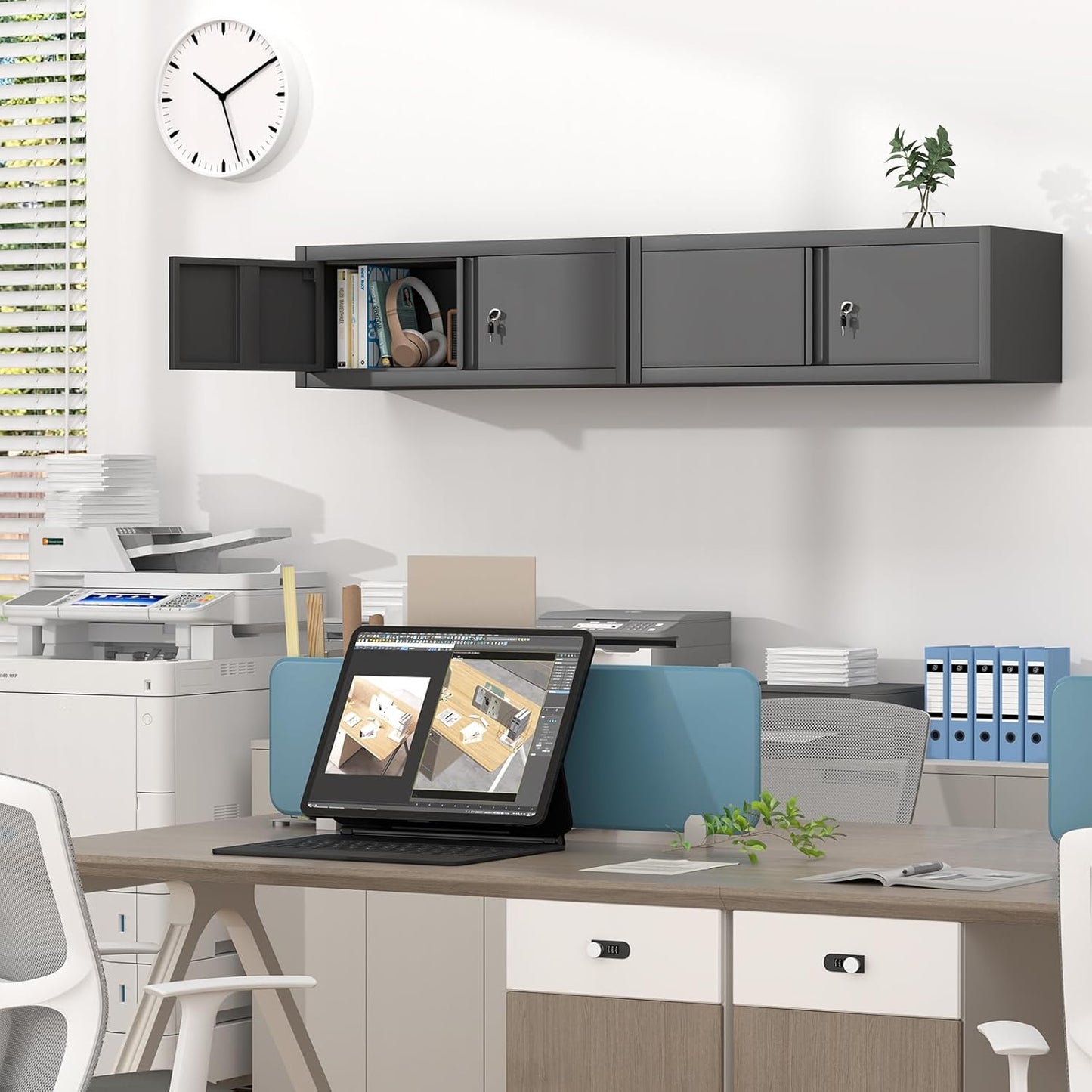 GREATMEET Metal Garage Storage Cabinets, Lockable Storage Cabinet with Doors, Wall Mount Cabinet Storage with Lock, Hanging Floating (Black, 13" H)