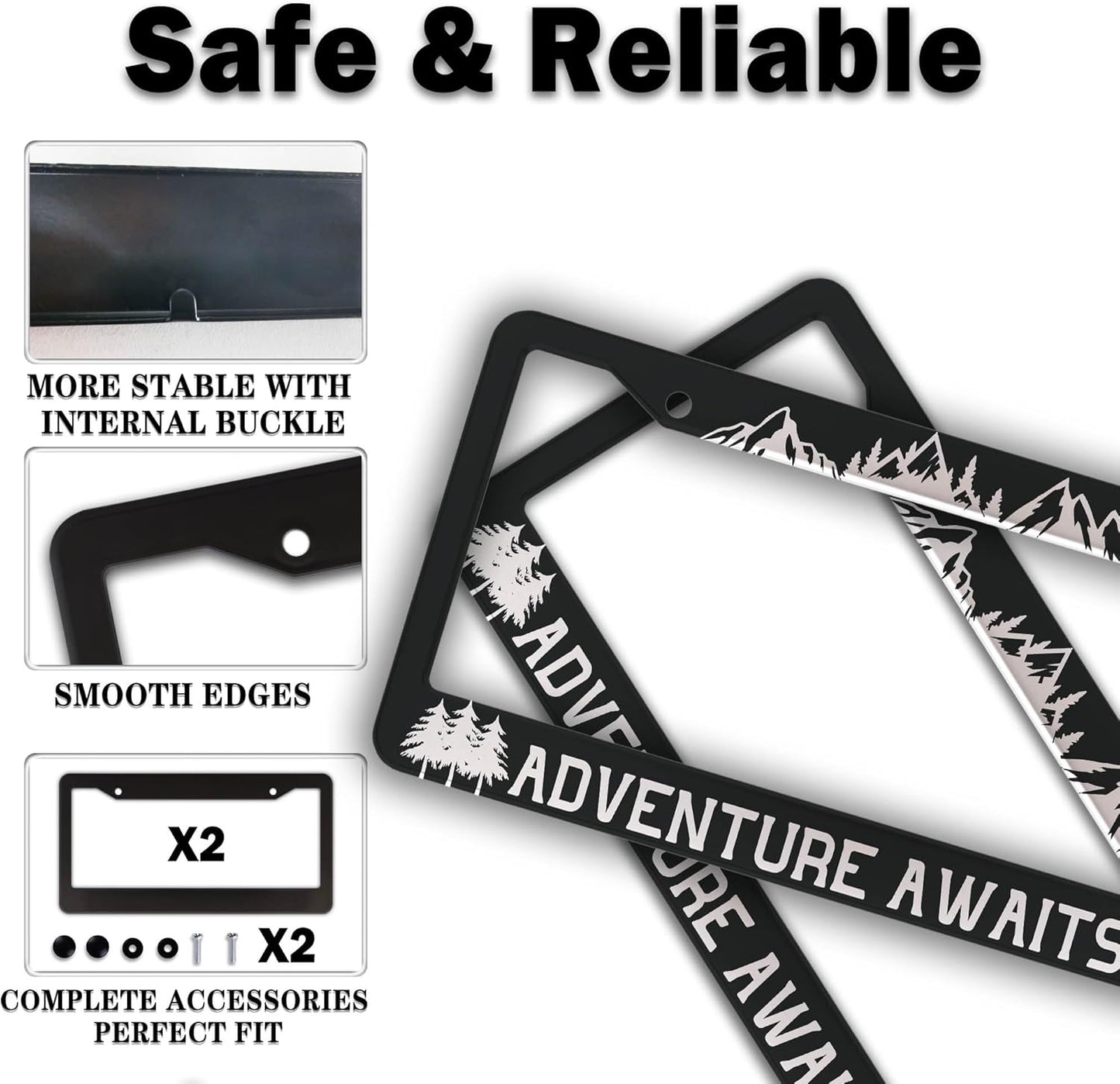 License Plate Frames Black and White License Plate Frame Adventure Awaits Universal Aluminum Car Accessory 2 Pack with Screw Covers Set