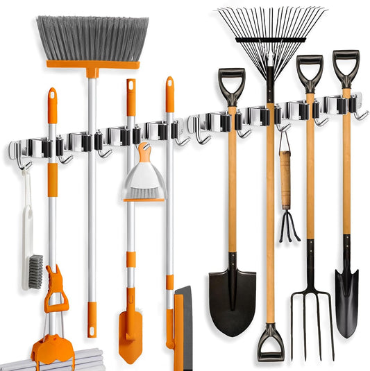 ZONGOOL 2 Pack Mop Broom Holder Wall Mount, 4 Racks and 5 Hooks Broom Organizer Storage Tool Racks Stainless Steel Non-slip Wall Hanger for Home Kitchen Garden Laundry Garage (Silver)