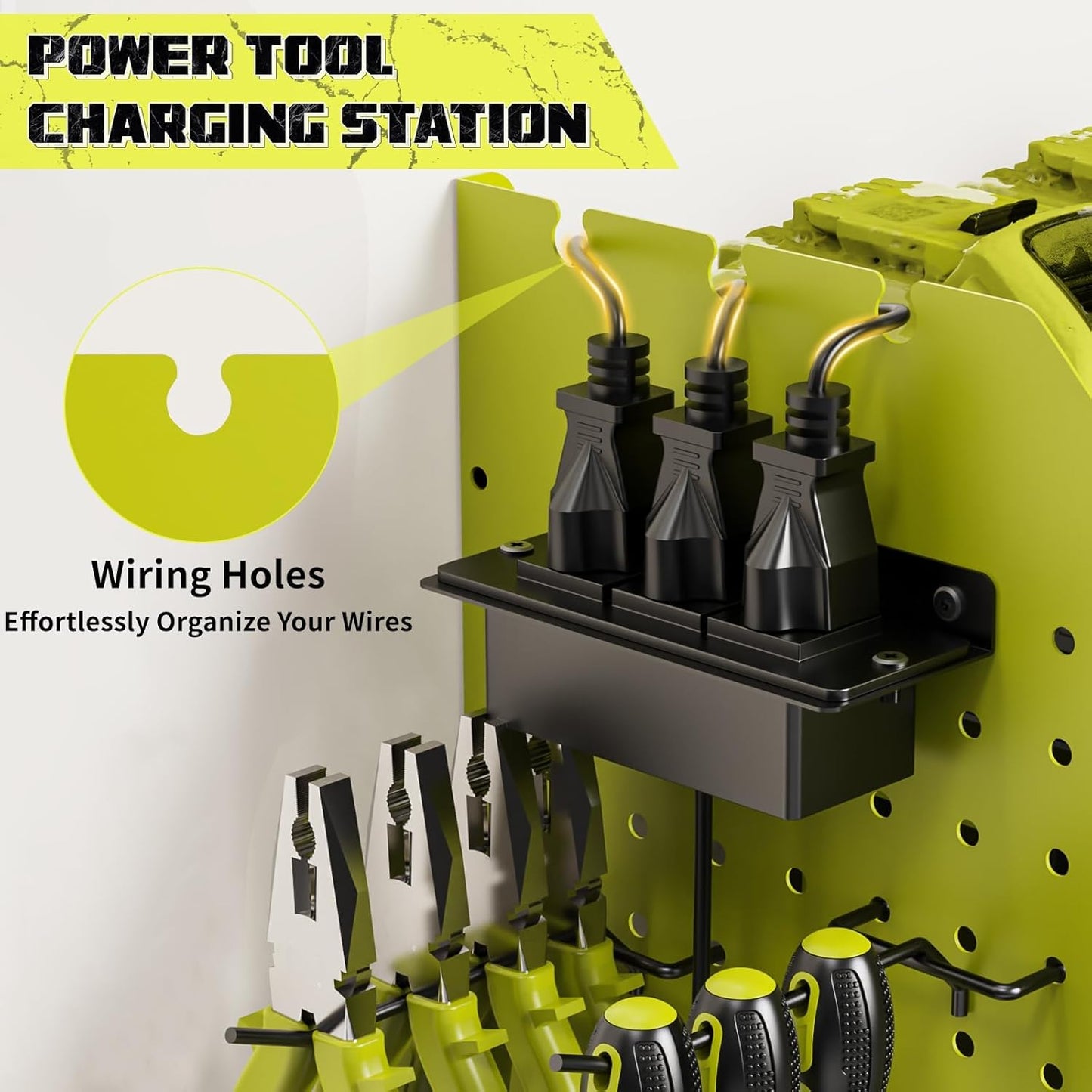 Power Tool Organizer with Charging Station Wall Mount, 3 Layer Expanded Heavy Duty Garage Organization, 45.5 Inch Length Garage Tool Storage, 8 Drills, 2 Assemble Method, Green