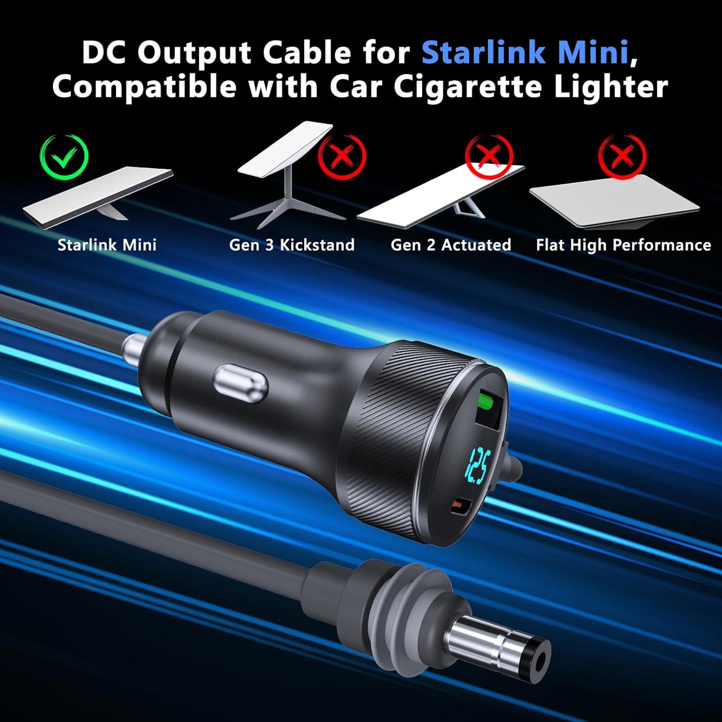 3-in-1 Starlink Mini Cable, Car Charger with Digital Display | 40W USB-C PD & 35W USB-A Ports | All-Weather Shielded Cable for RV, Truck, Boat (12V-48V) (16.4ft)