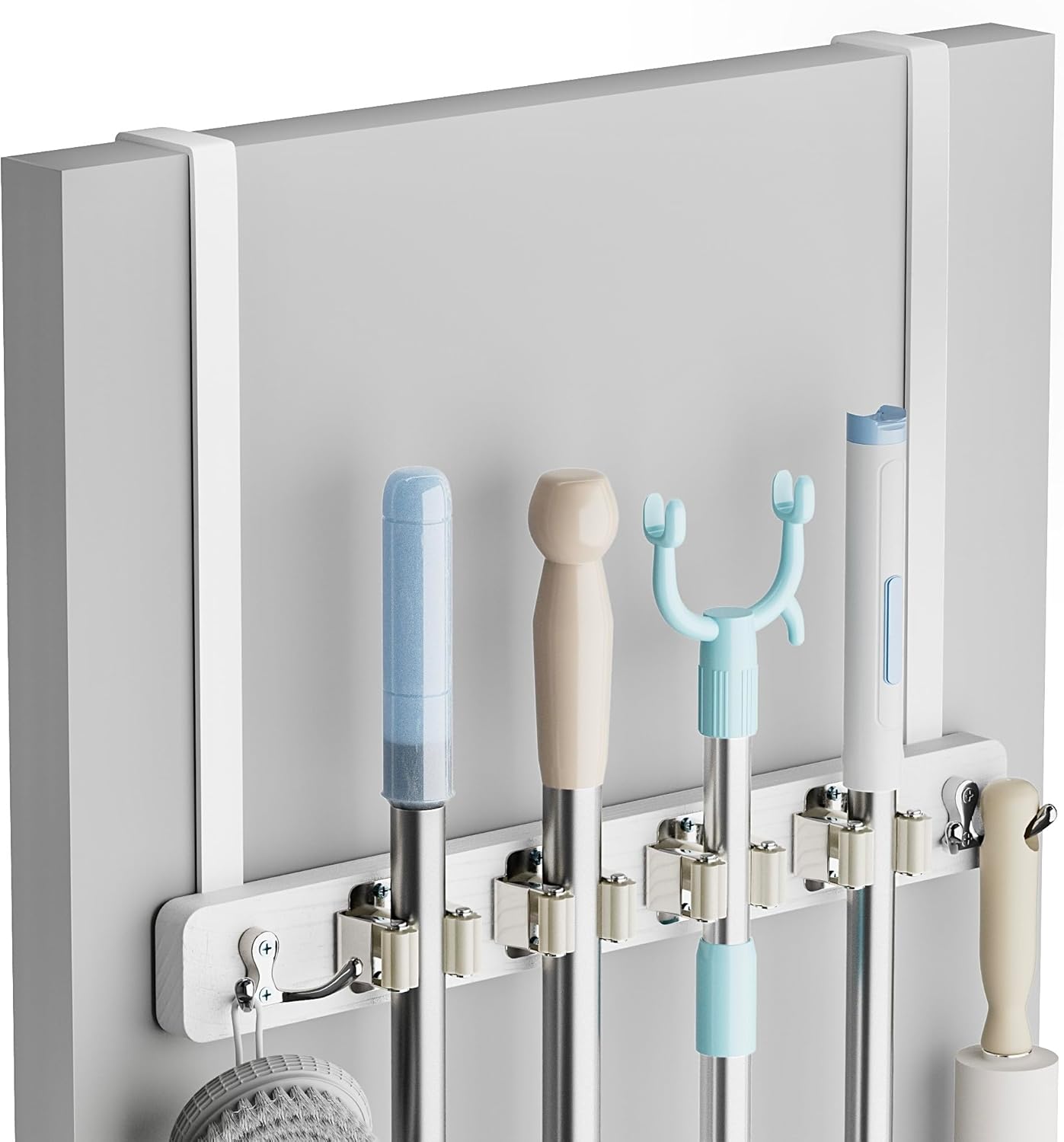 Lorbro Broom Holder Door Mount, Over the Door Broom and Mop Holder with 2 Over Door Hooks, Wood Broom Hanger, Tool Rack Organizer for Laundry, Garage, Closet, Kitchen Decor, 4 Slots & 4 Hooks Rustic