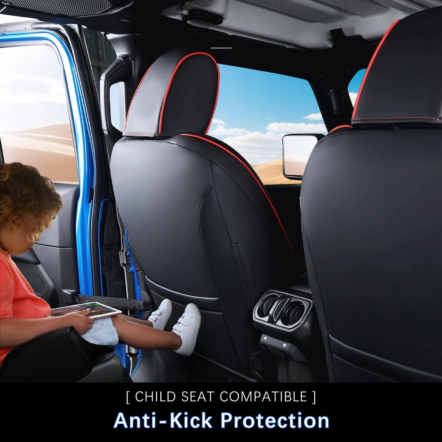 Jeep Gladiator Seat Covers - Premium Quality Faux Leather, Waterproof, Scratch-Resistant, Custom Fit for Jeep Gladiator 2025, 2024, 2023, 2022, 2021, 2020 (Black+Red Line)