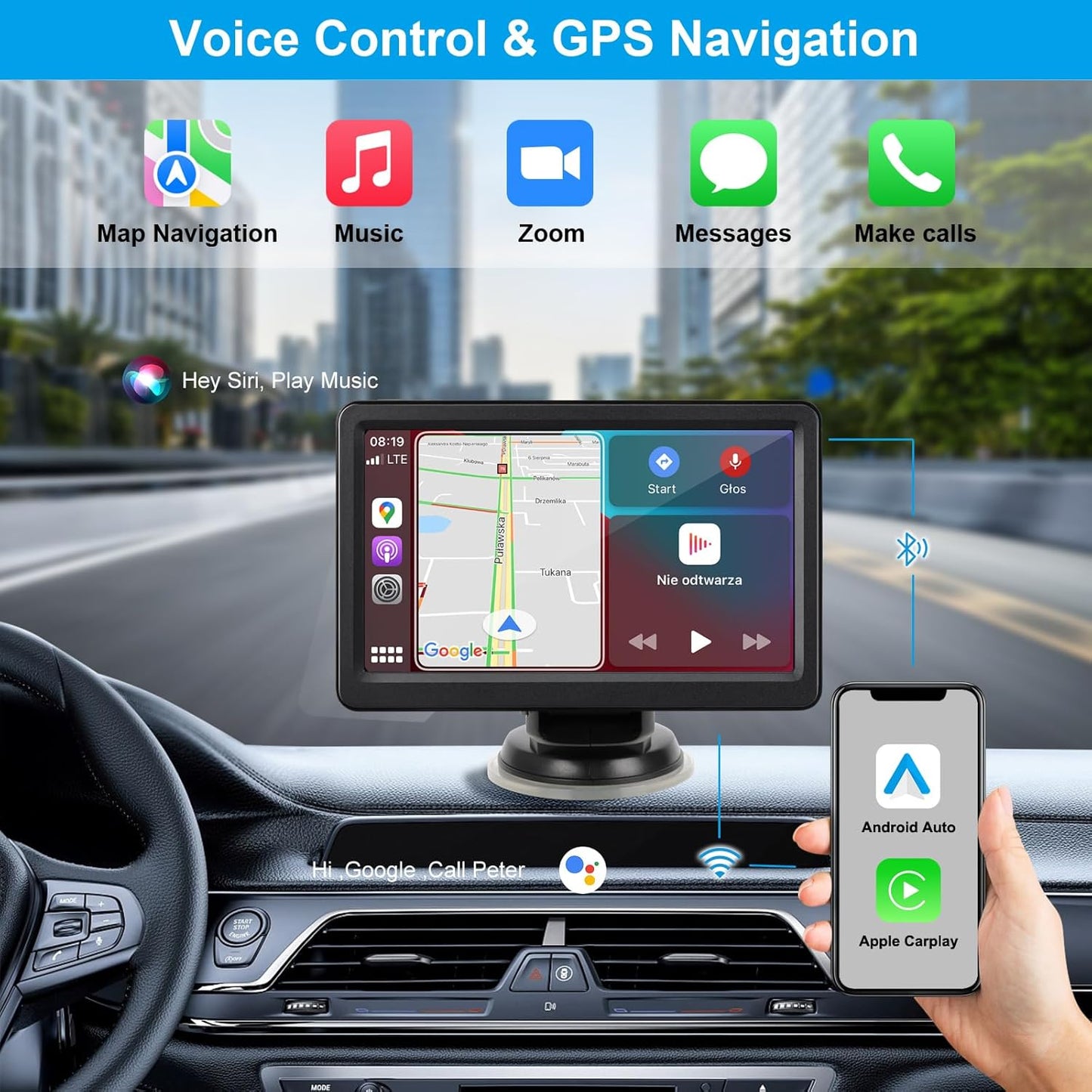 Wireless Carplay Screen for Car, 7" HD Touch Screen Portable Car Stereo for Carplay & Android Auto, Pantalla para Carros with Bluetooth, AUX, FM Transmitter, Voice Control