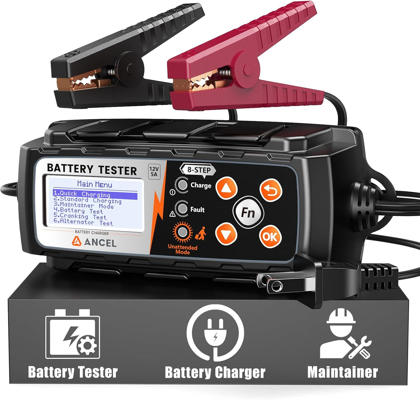 ANCEL BT521 3-in-1 Car Battery Charger, Tester and Maintainer for 12V Lead-Acid Batteries, 5A Smart Trickle Charger and Desulfator with Overcharge Protection & Temperature Compensation, LCD Display