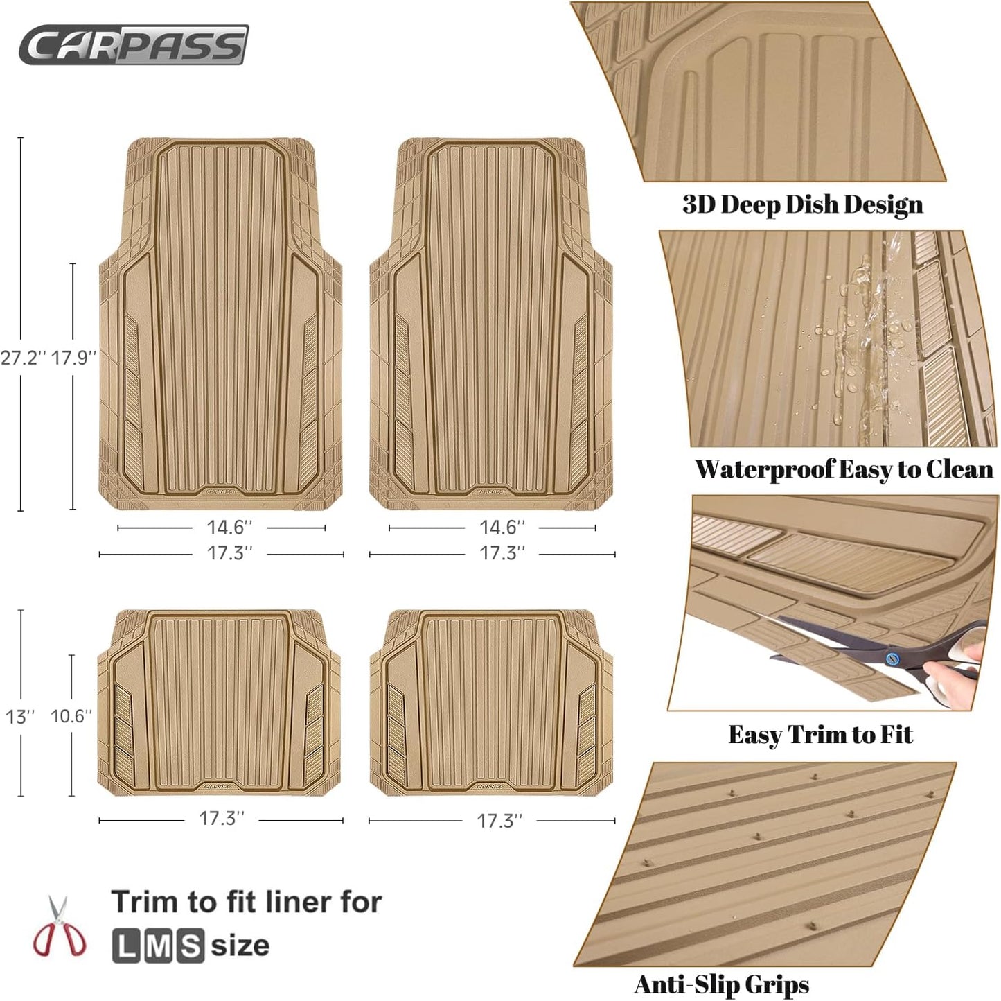 CAR PASS Heavy Duty Sporty Rubber Car Mats, Deep Dish All Weather Car Floor Mats Full Set, Waterproof Anti-Slip Automotive Matts Rugs Trim to Fit for Most Sedans SUVs, 4-Piece All Beige