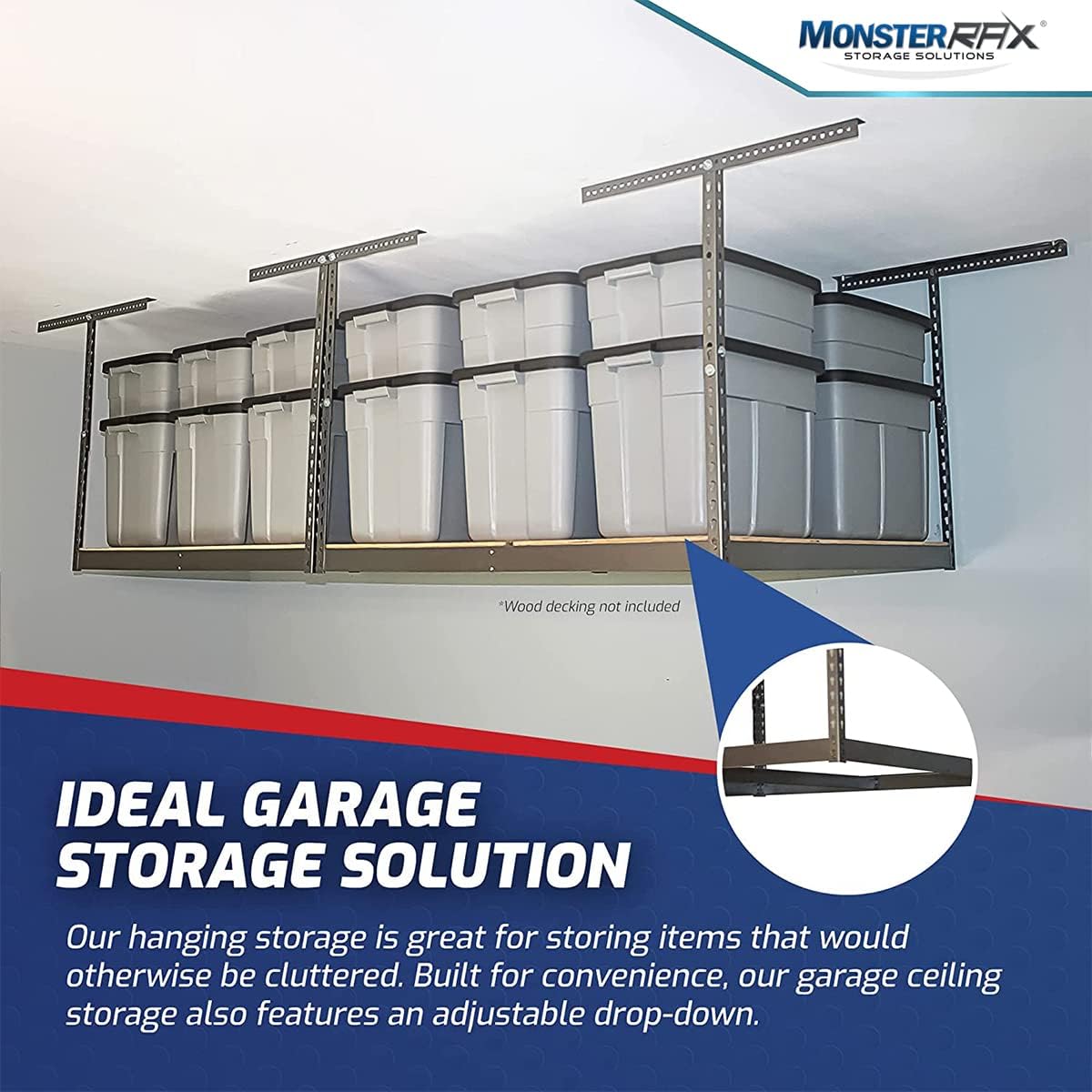 MonsterRax 4x8 Overhead Storage Rack Frame Kit - Hanging Storage Shelves, Ceiling Storage Rack System, Overhead Garage Organizers - (White, 12"-21")