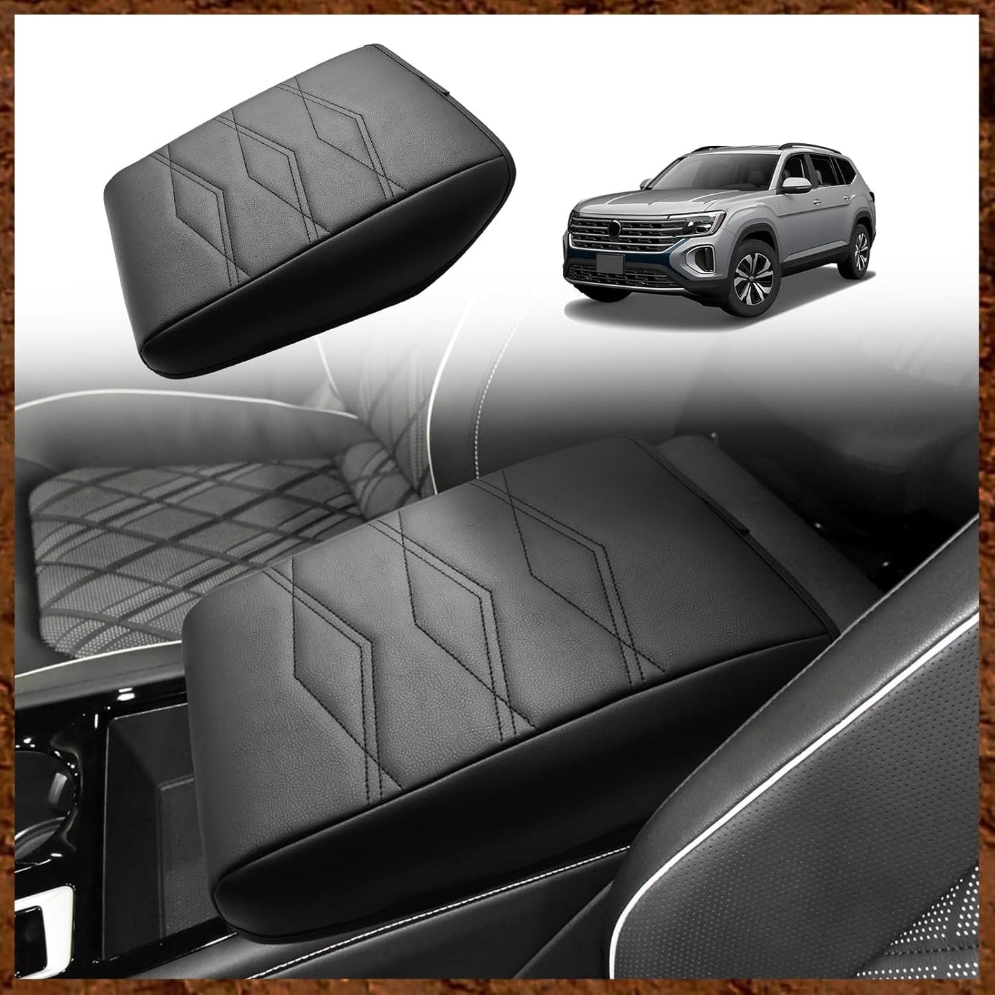 Muslogy for 2024 2025 Atlas & Cross Sport Center Console Pad Armrest Cover Protector Vegan Leather Extra Soft Armrest Box Lid Pad Compatible with Volkswagen Atlas/Cross Sport Accessories (V1_Black)