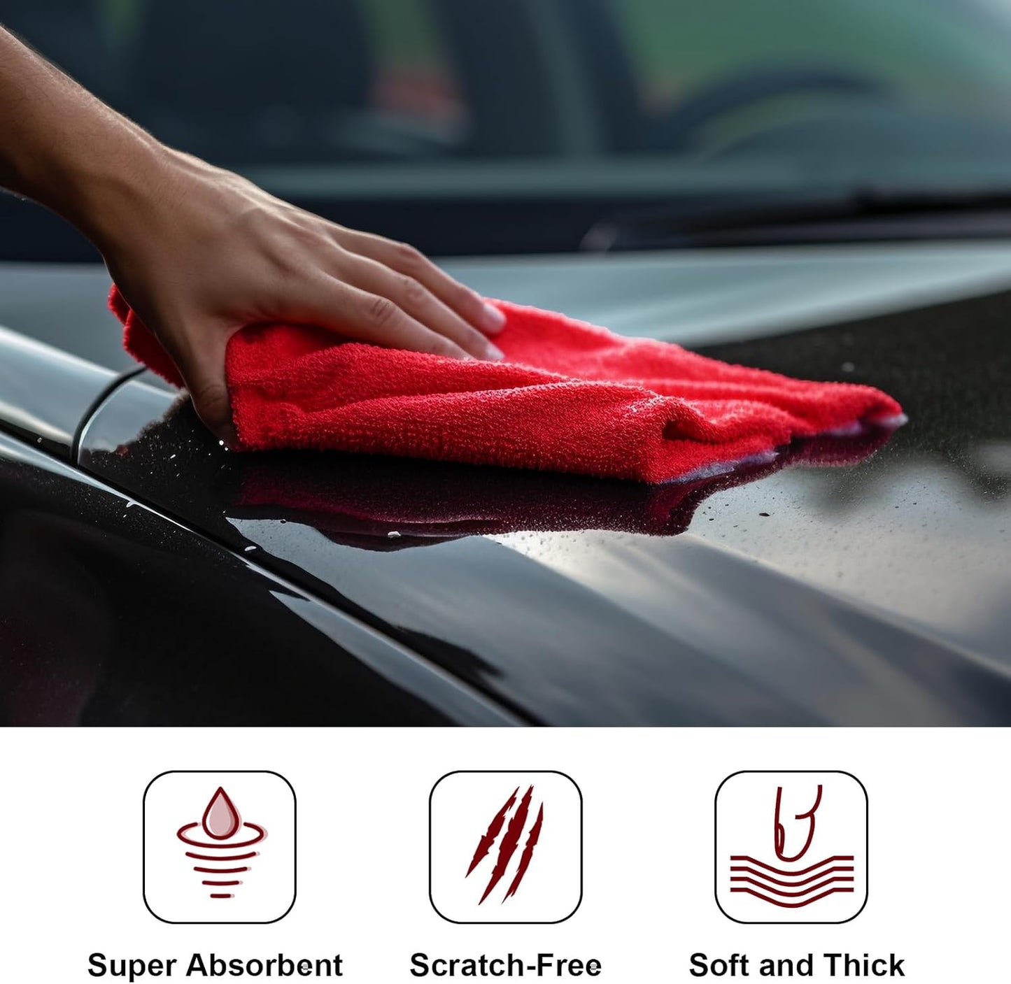 Shimeyao 30 Pcs Edgeless Microfiber Plush Towels for Cars Detailing Drying Wash Polishing Absorbent Cleaning Cloths, 500 GSM, 16 x 16 Inch(Red)