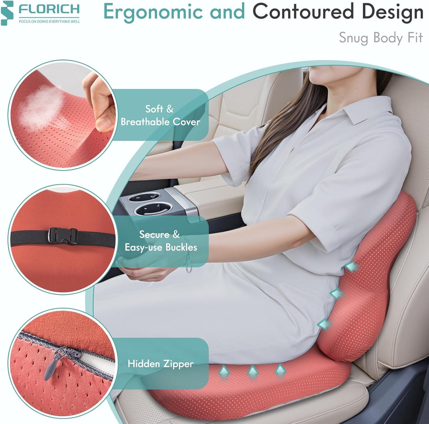 FLORICH Car Seat Cushion and Lumbar Support Pillow for Office Chair Car, Ergonomic Memory Foam, Relieves Back Sciatica Pain, Pressure-Relieving Back Support for Car, Office Chair & Wheelchair - Red
