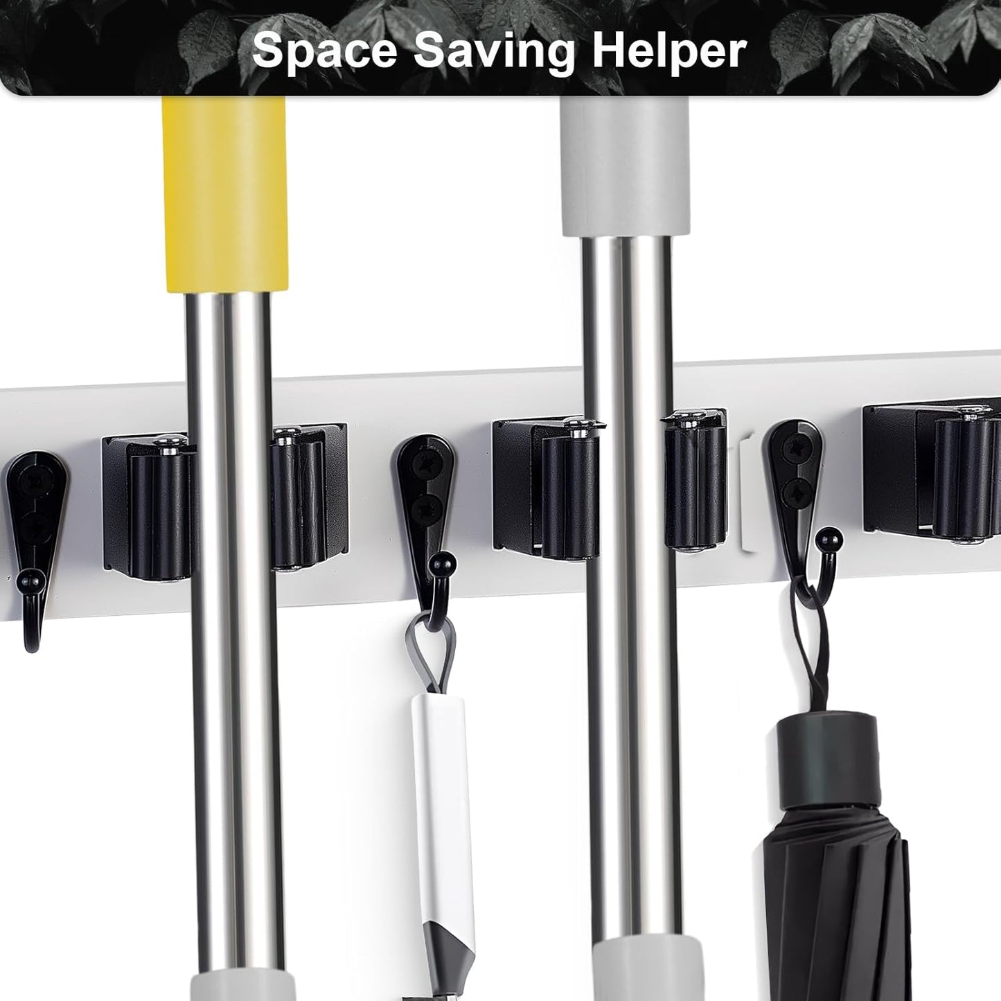 Broom Holder Wall Mount With 5 Slots & 4 Hooks，Rustic Wood Broom & Mop Hanger，Wall Mounted Garden & Garage Tool Storage Organizer Rack for Closet Laundry Room or Kitchen Wall Decor White