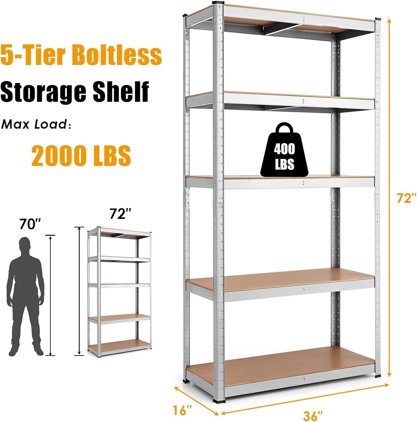 ERGOMASTER 5 Tiers Steel Shelves for Storage Heavy Duty Garage Organization Utility Shelf Rack for Books, Kitchenware and Tools 72 x 16 x 108 in (Set of 3,Silver)
