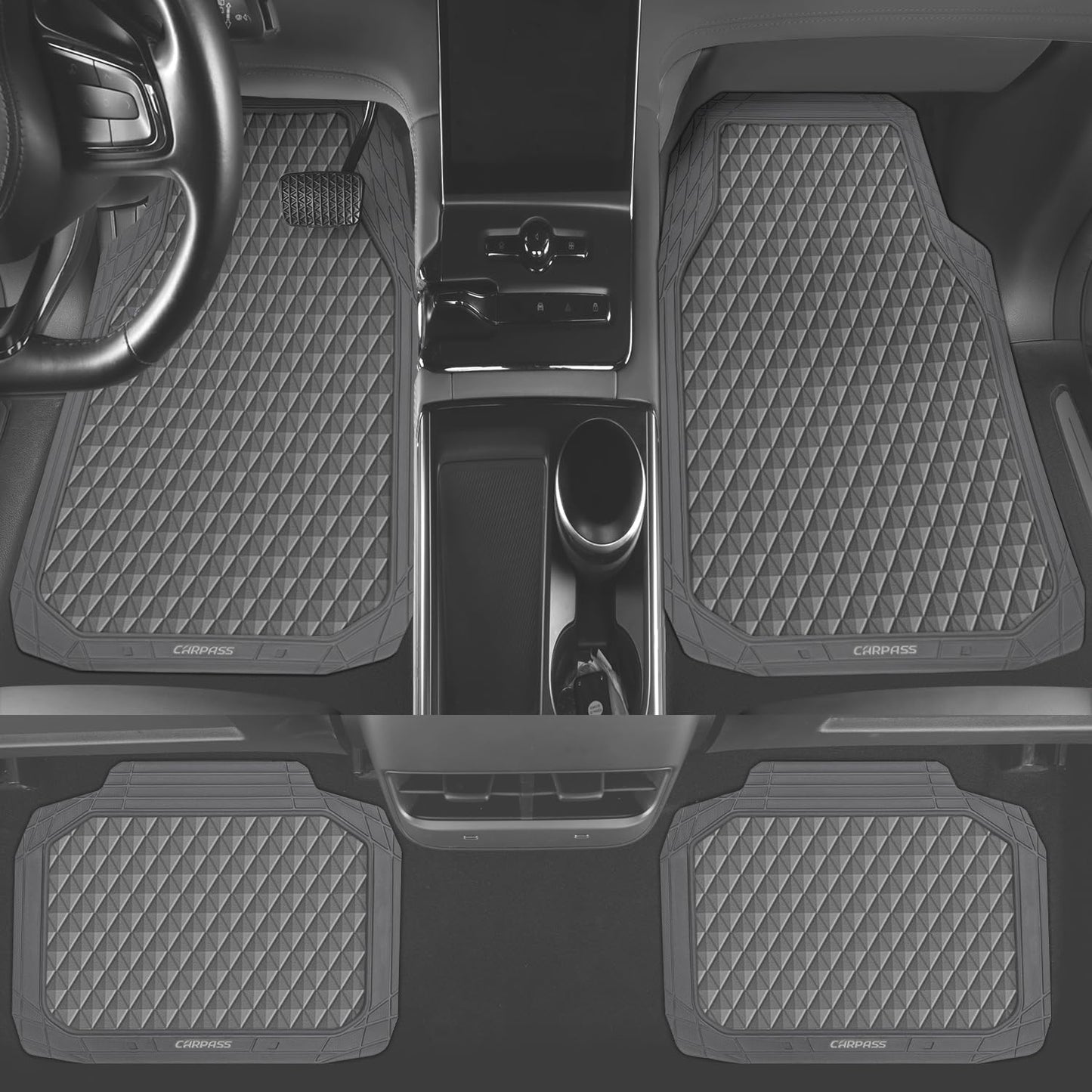 CAR PASS Gray Rubber Car Floor Mats & Cargo Liners, Durable Anti-Slip 3D Rhombus Waterproof Automotive Pad Trim Fit Liner All-Weather Trunk Mats Full Set Universal Fit Auto Van Sedan SUV Truck Gray