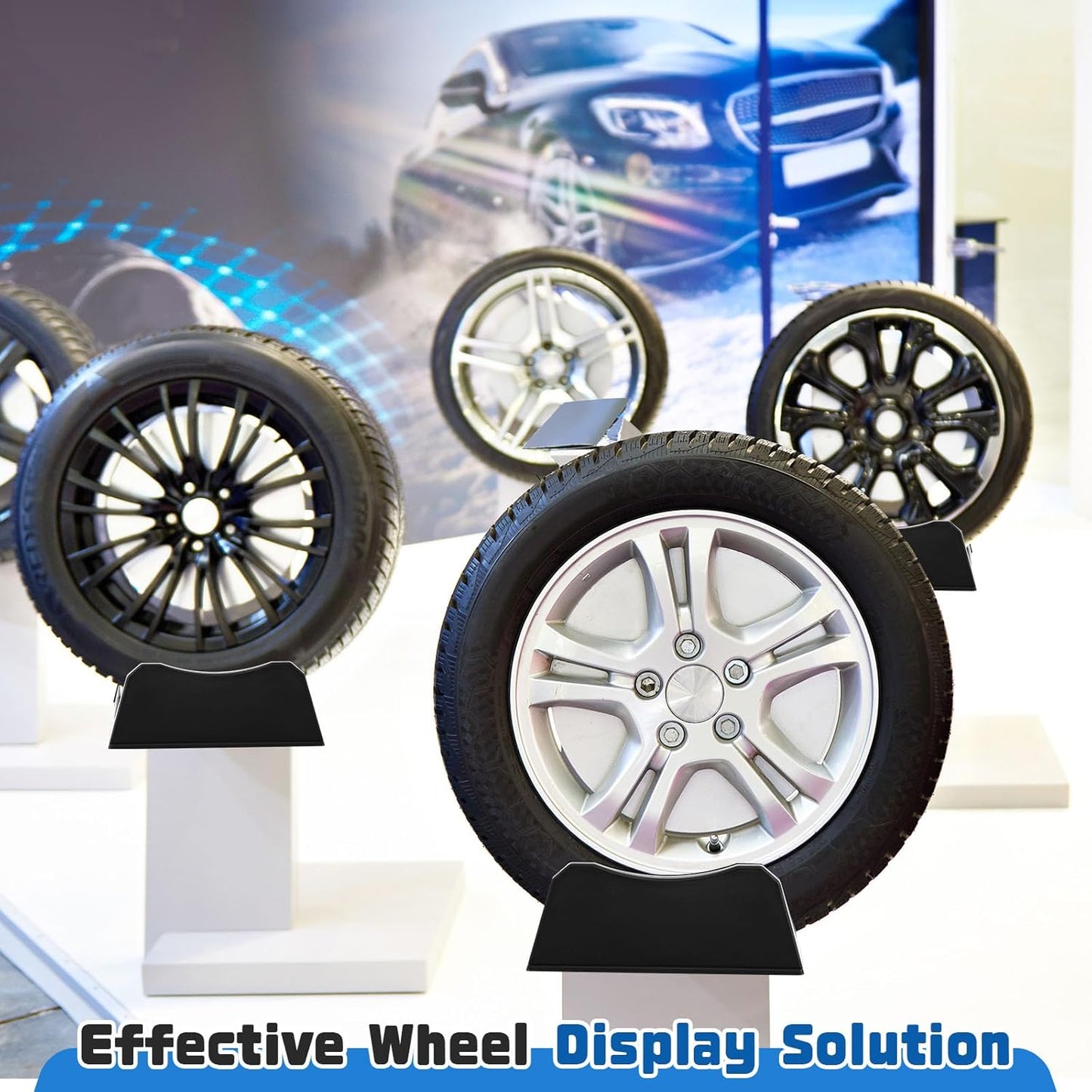 4 Pcs Car Tire Display Stand Wheel Display Rack Adjustable Width Rim Storage Wheel Rim Holder Tyre Stand Base Tire Tray Base for Exhibition Shop Garage Trade Show, Black