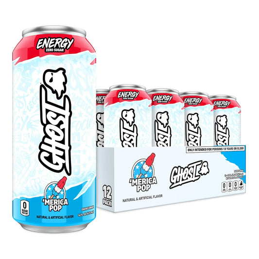 GHOST Energy Drink - 12-Pack, 'Merica Pop, 16oz Cans - Energy & Focus & No Artificial Colors - 200mg of Natural Caffeine, L-Carnitine & Taurine - Gluten-Free & Vegan