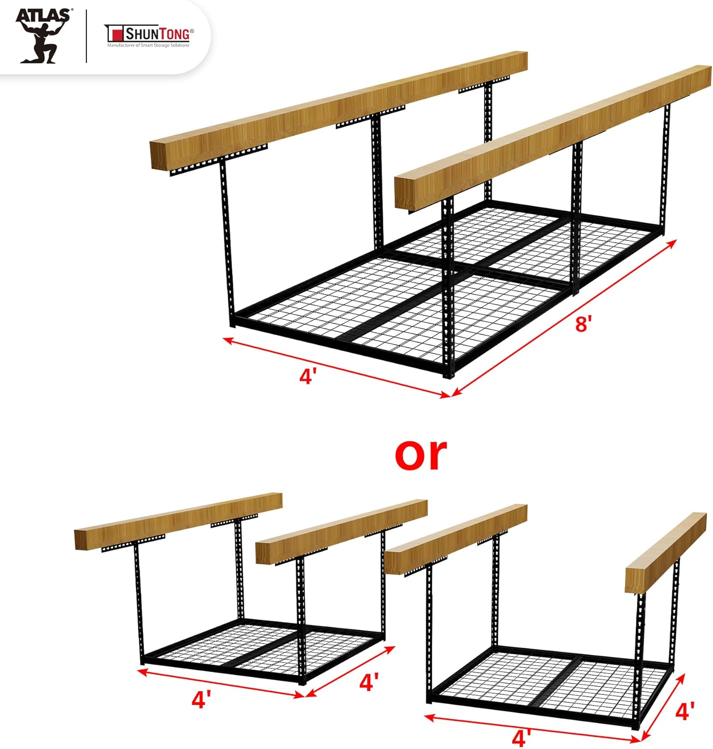 The Atlas Pro 4 x 8 ft Overhead Garage Storage Rack, Ultra Duty 1250lbs Weight Capacity, Adjustable Height 26"-48", Hammertone