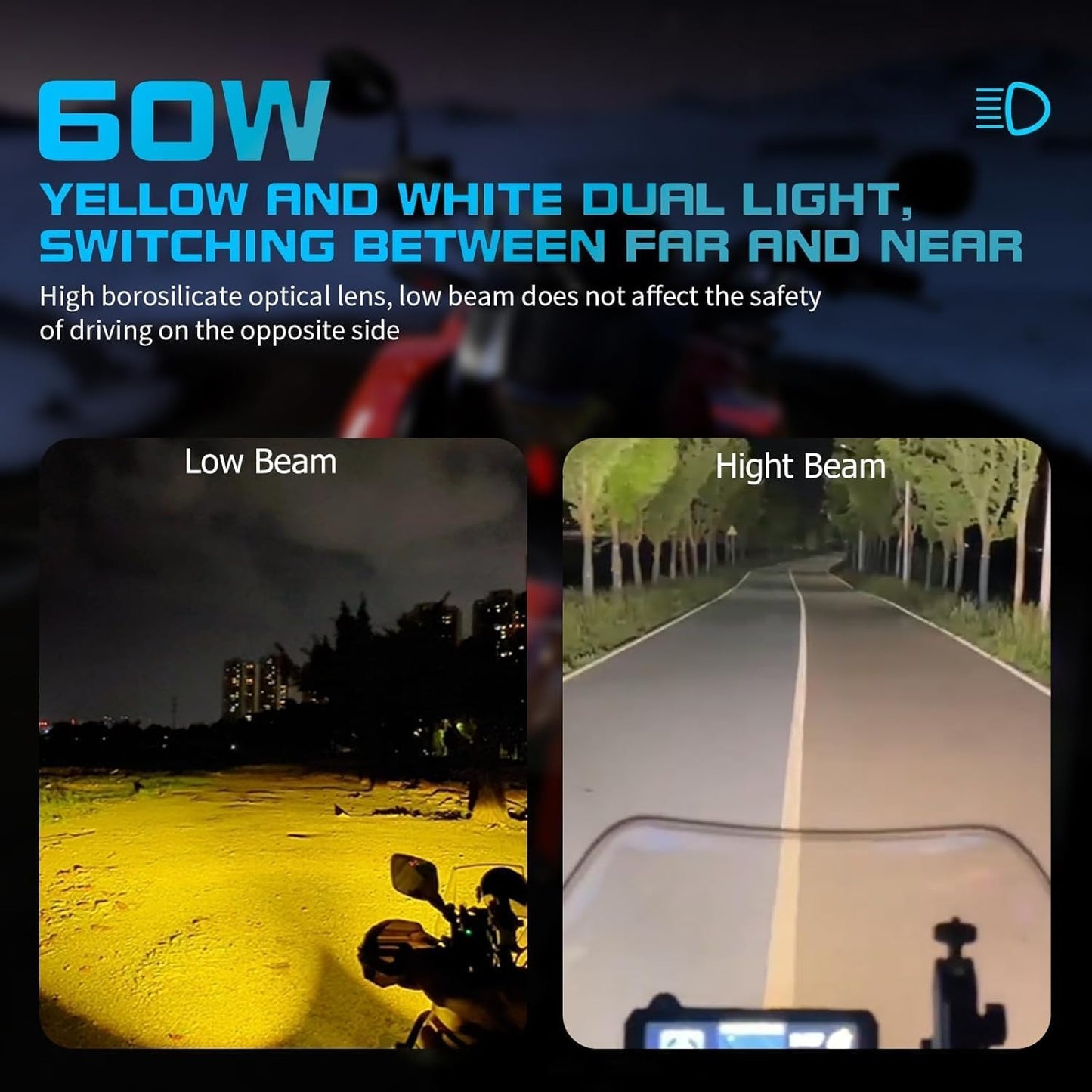 Motorcycle Auxiliary LED Light Driving Spotlights White/Amber Fog Lights with Mount Brackets Wire Harness Waterproof Offroad Work Lights Compatible with Motorcycle J-eep Car Truck 60W Driving Lamps