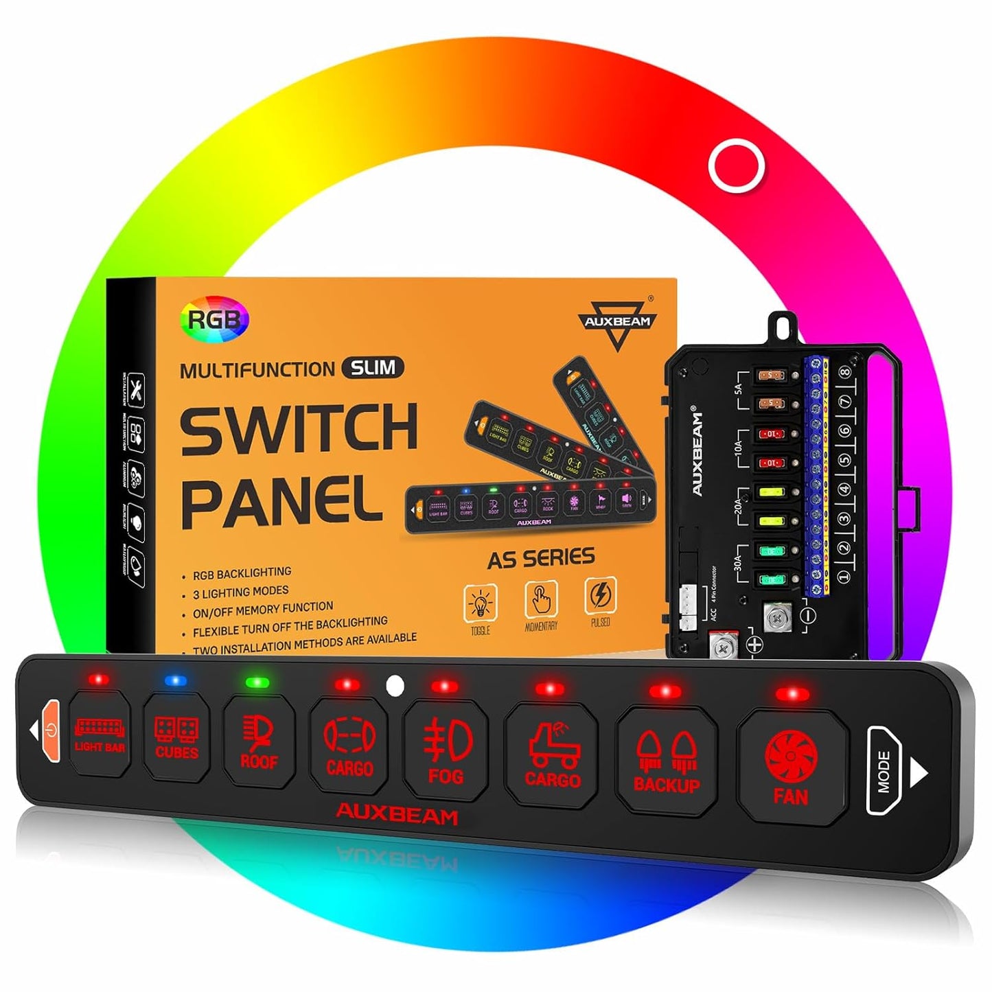 Auxbeam 8 Gang Slim Switch Panel RGB AS-R80 Toggle Momentary Pulsed Dimmable Backlight 80A Multifunction Switch Panel with Memory Function for 12-24V Truck Offroad Car Marine 2 Years Warranty