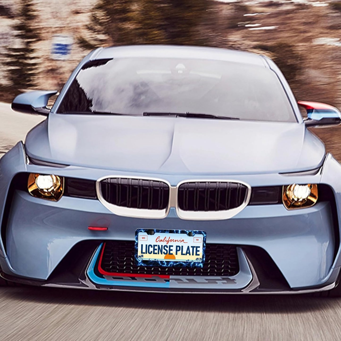 Blue Lightning License Plate Frames - 2 Pack Cool Thunder Stainless Steel License Plate Holder,Rust-Proof Waterproof Car Decorative Tag Frame with Screws Fasteners Caps