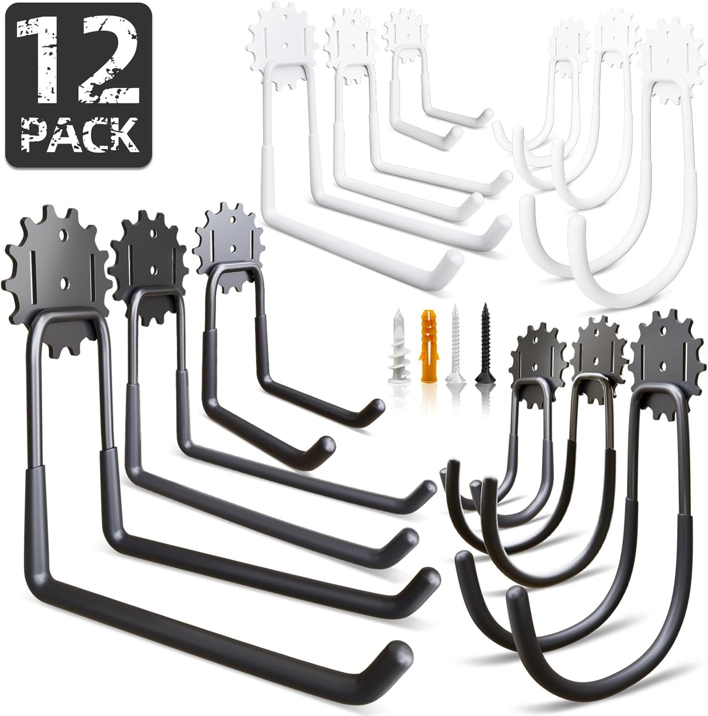 Garage Hooks Black & White 12 Pack, Heavy Duty Steel Tool Storage Utility Hook Organizing Power Tools, Wall Mount Holder for Bike, Ladder and Garden Chairs