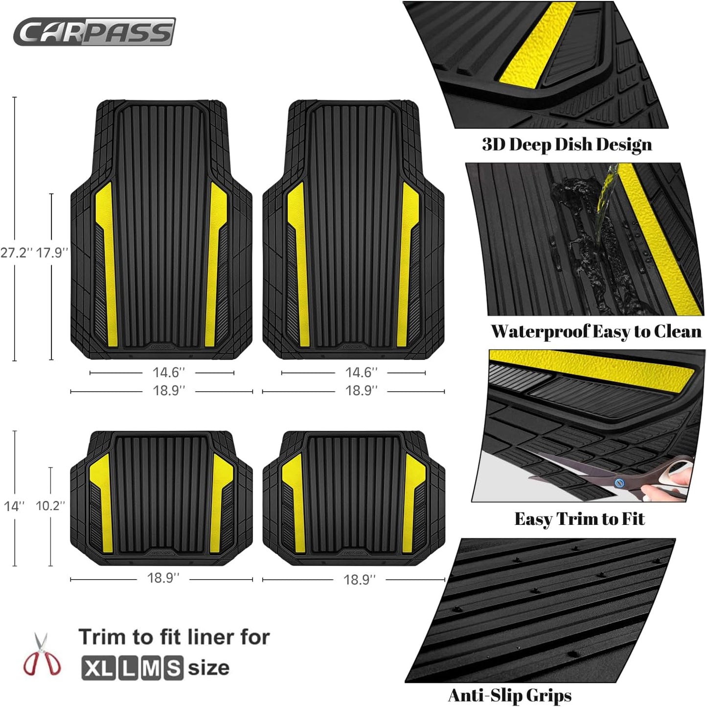 CAR PASS Yellow Car Mats Metallic, Aluminum Film All Weather Rubber Lemon Yellow car Floor Mats Waterproof Universal Trim to Fit SUV Sedan Van Truck 4 Piece Deep Dish Heavy Sporty Black Yellow Chrome