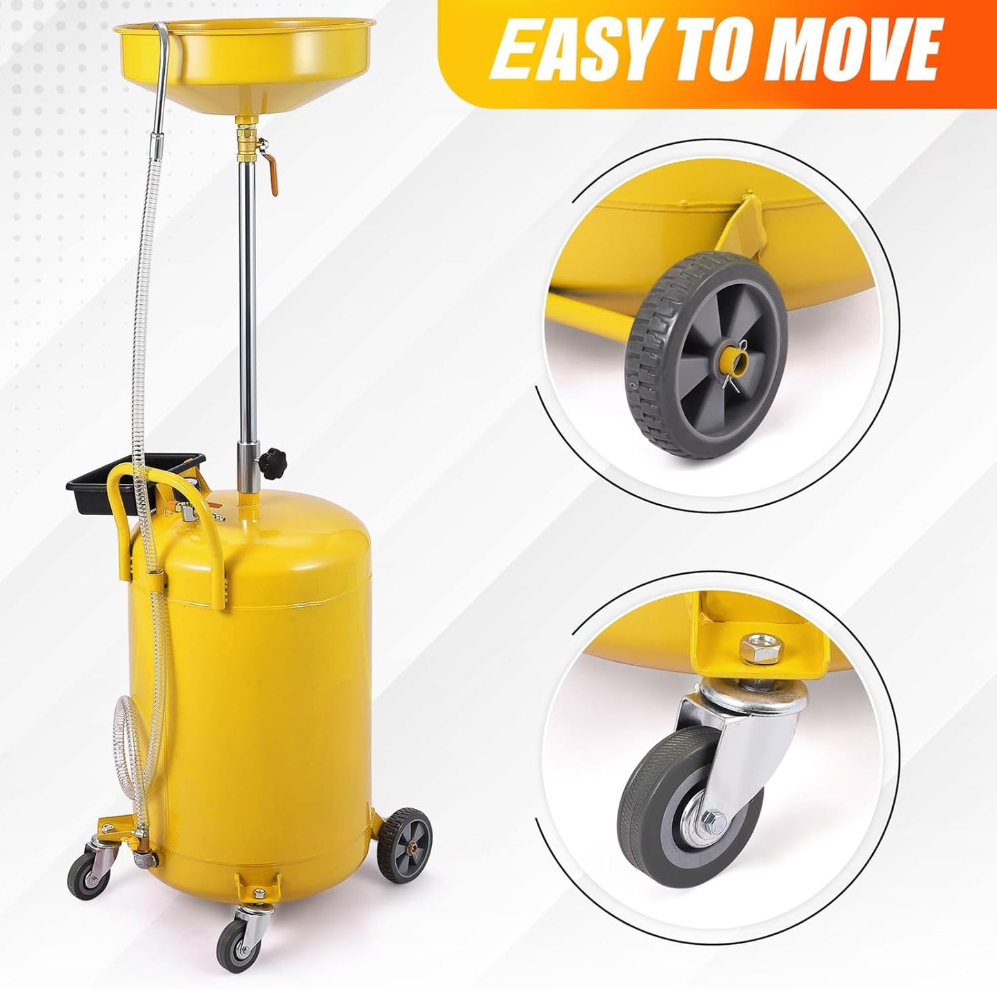 20 Gallon Waste Oil Drain Tank Portable Air Operated Oil Drainer with Adjustable Funnel Height 38-65 Inches 15 Inch Funnel Fluid Fuel Transfer Drain Container with 360 Degree Wheels and Toolbox Yellow