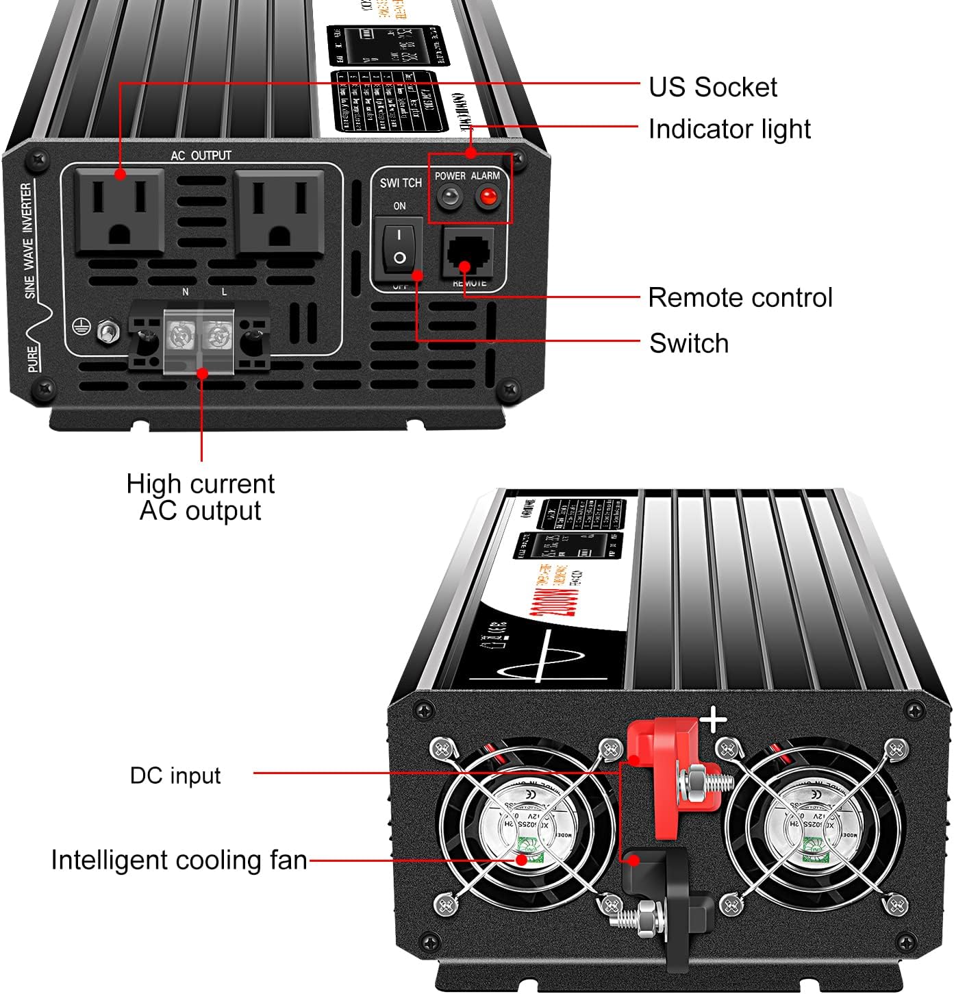 Xijia 2000W Pure Sine Wave Inverter DC 36v Inverter to 120v ac 60HZ Solar Converter for Home Use car (DC36V (Range 30V-45V) 2000W)