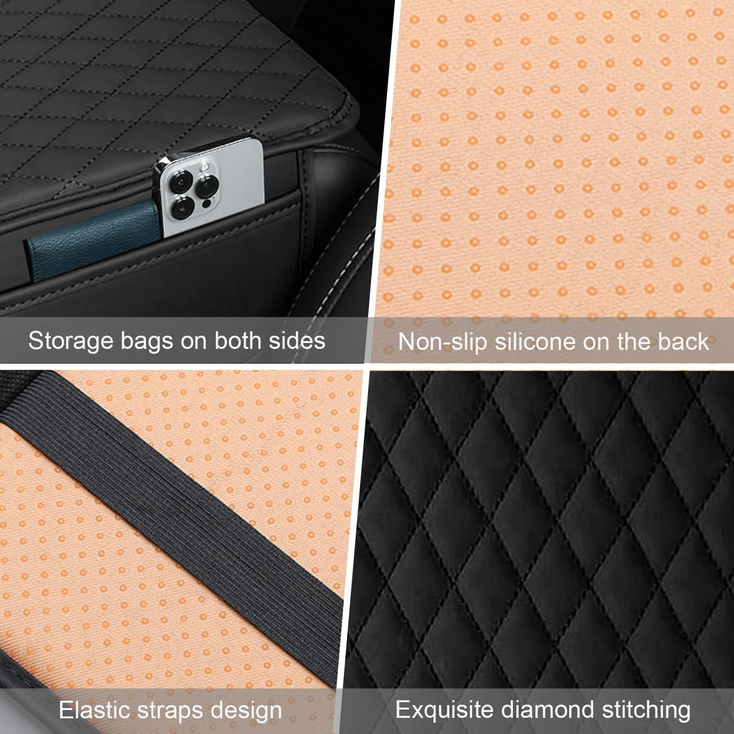 Car Center Console Cover, Upgraded Leather Armrest Seat Box Cover with 2 Storage Bags, Universal Waterproof Car Armrest Cover Cushion Comfortable Car Decor Accessories for Most Vehicles (Black)