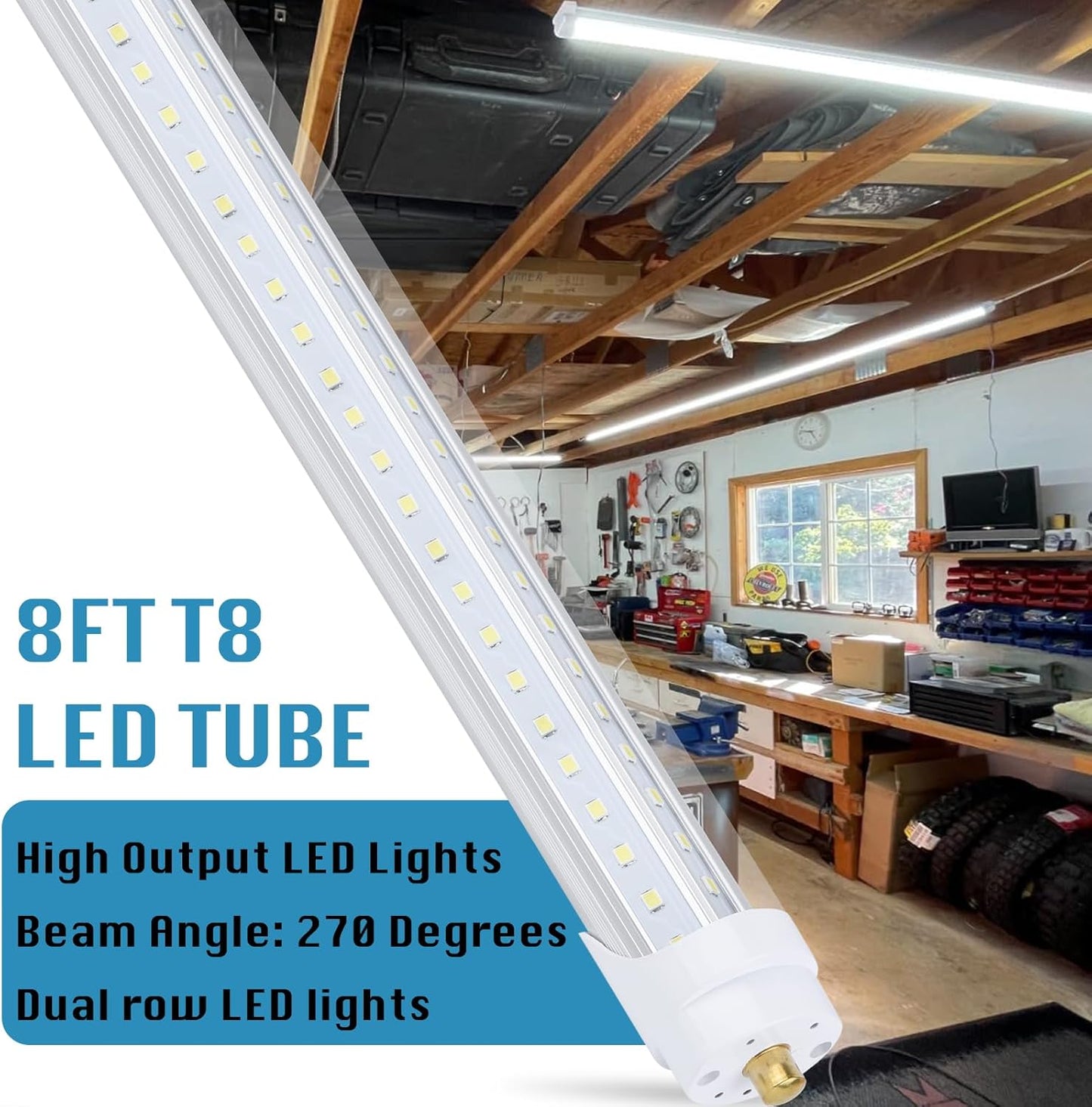 4 Pack, T8/T10/T12 8FT LED Tube Light, Single Pin FA8 Base, 100W 6000LM 6000K Cold White, 270 Degree V Shaped LED Fluorescent Bulb (200W Equiv.), Clear Cover, Dual-Ended Power