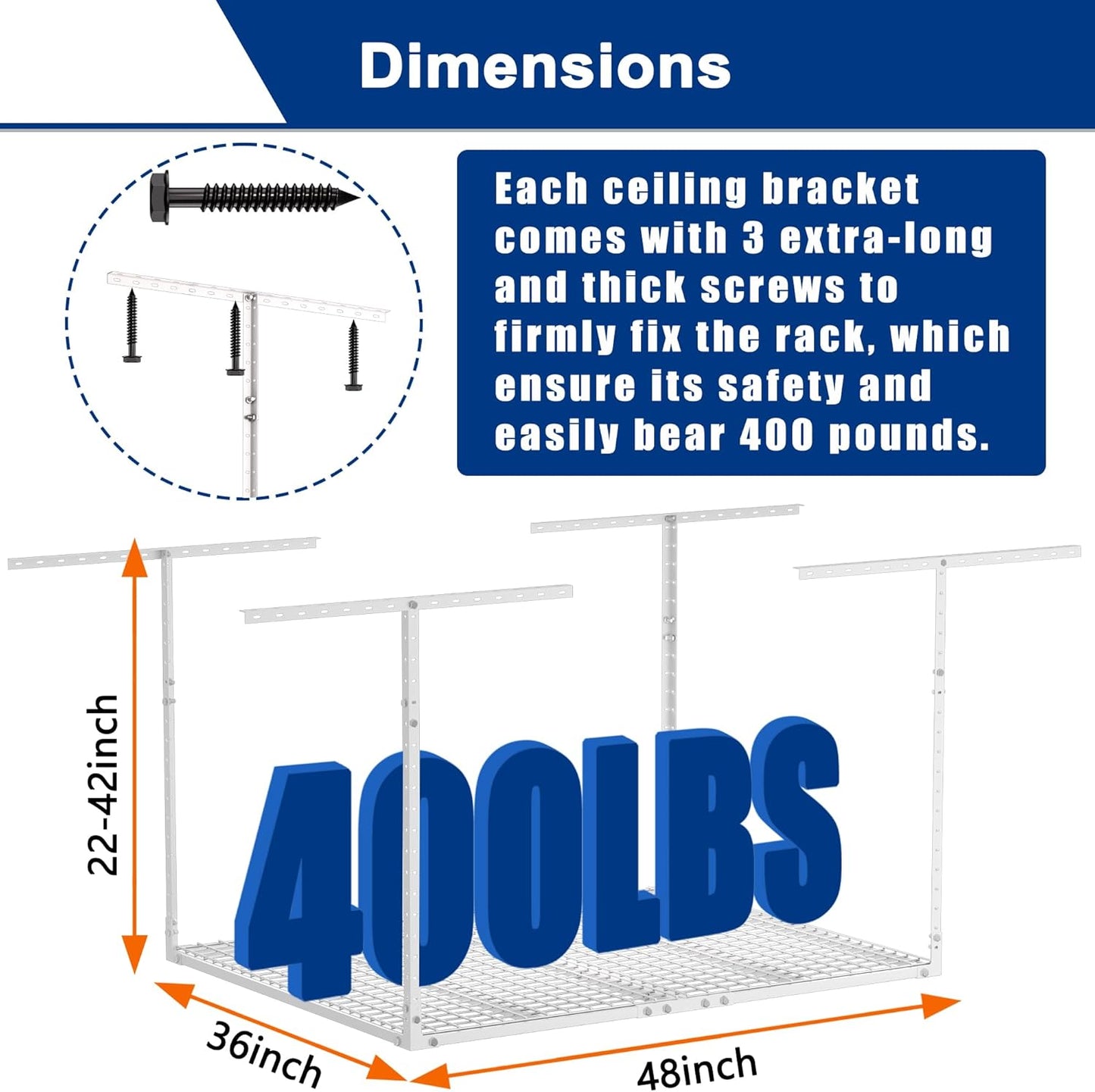 GIOTORENT 3x4FT Heavy Duty Overhead Garage Storage Rack - Adjustable Ceiling Shelving with 450lbs Weight Capacity, Metal Garage Organization System, White
