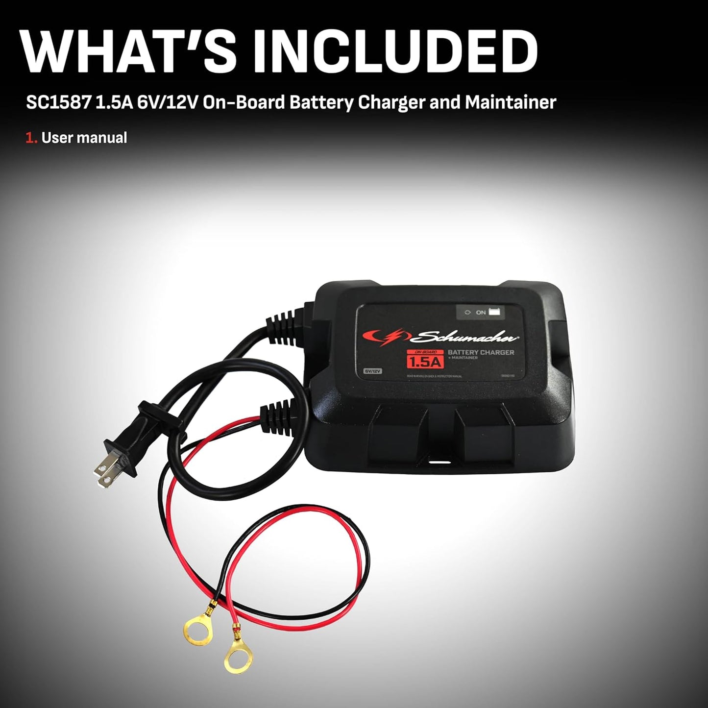 Schumacher Electric On-Board Battery Charger and Maintainer, 3-in-1, SC1587, 1.5 Amps, 6 Volt, 12 Volt, Fully Automatic, Mounts Under Hood, for Car, Truck, and Large Vehicle Batteries