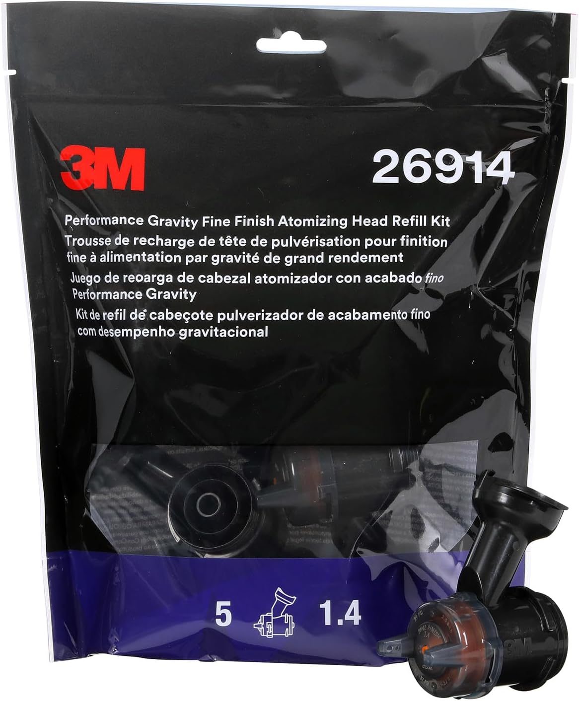3M Performance Gravity Fine Finish (Compliant) Atomizing Head 26914, Orange, 1.4, Pack of 5, for Automotive Paint Application, High Viscosity, Clear Coat, Primer Spraying