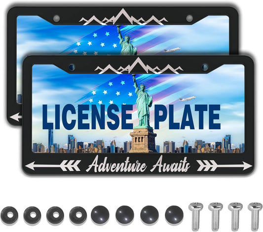 License Plate Frames Black and White Custom License Plate Frame Adventure Awaits Aluminum Metal Car Accessory 2 Pack with Screw Covers Set