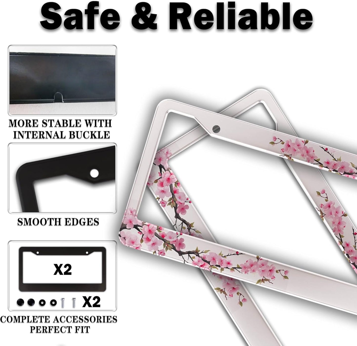 License Plate Frames for Men Powder License Plate Frame for Women Beautiful Cherry Blossom Aluminum Metal Car Accessory 2 Pack with Screw Covers Set