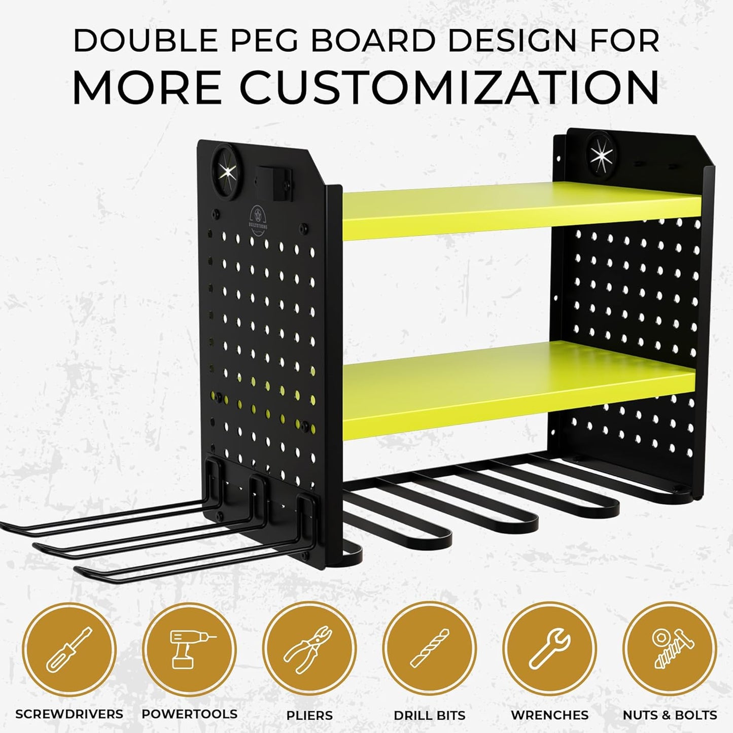 Power Tool Organizer - 6 Drill Holder Wall Mount, 3-Tier Heavy-Duty Hand Tool Storage Rack With 2 Pegboard Sides - Green