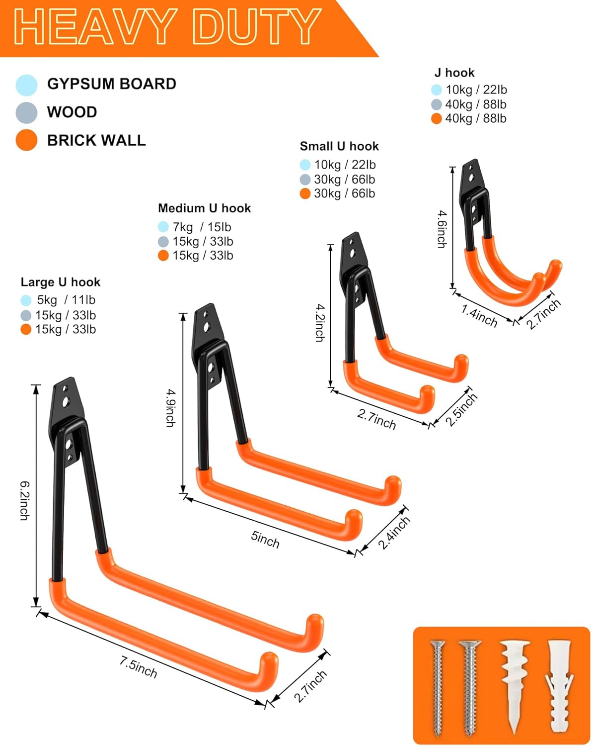 QcoQce 18 Pack Extension Cord Hooks with Wall Mount, Heavy Duty Utility Hangers for Hose, Wires, Cables, Garage Organization with Anti-Slip Coating, Screws Included (Orange)