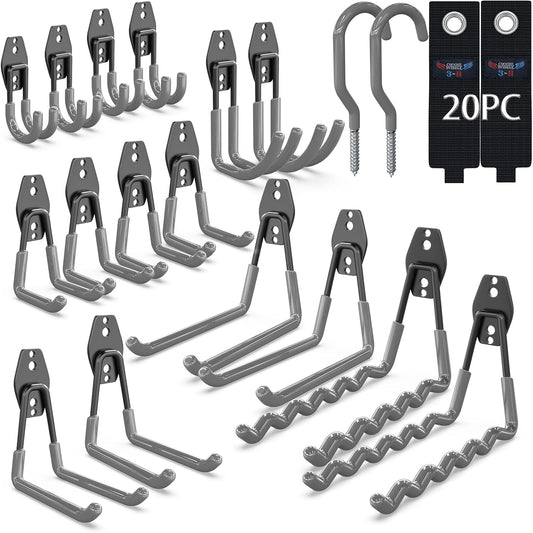 3-H Garage Wall Hooks 20 Pack, Garage Hooks Heavy Duty with Extra Welding Spots, Garage Organizer for Garden, Lawn, Chairs, Ladders, Weed Eater, Shovel(Gray)