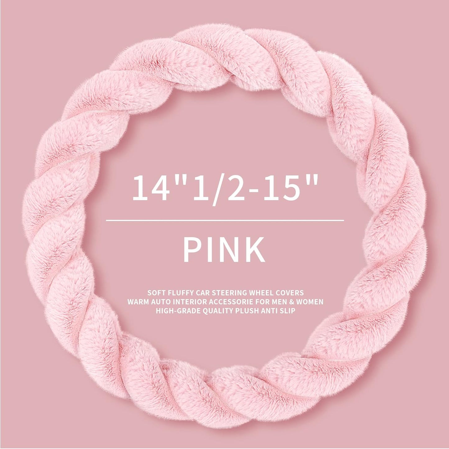 Luxury Fluffy Winter Car Steering Wheel Cover for Women Soft Warm Plush Cute Auto Accessories for Vehicle, Sedan, Universal, Fuzzy, Anti Slip, Pink, Standard Size, 14.75-15.15"