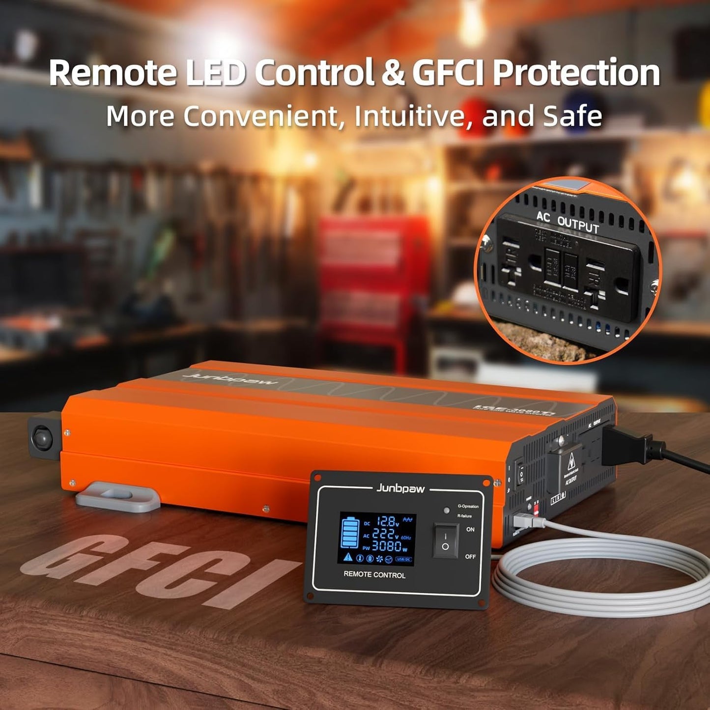 3080 Watt Pure Sine Wave Inverter, Equipment GFCI, 12V DC to 120V AC Converter Built-in 5V/2.1A USB Port for Off-Grid Solar Car RV Truck Boat with Wire Remote Monitor, Pre-Charge Function