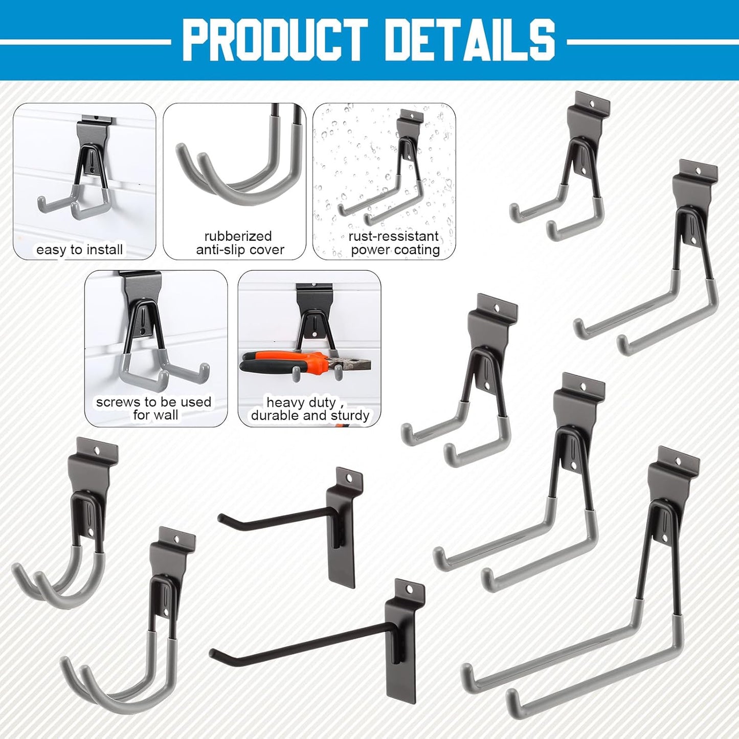 Landhoow 36 Pcs Slatwall Hooks & Hangers 32 Heavy Duty Slat Wall Hanging Hooks with 4 Storage Straps Assortment Slatwall Accessories for Storage Garage Wall Organization Garden Home (Grey)